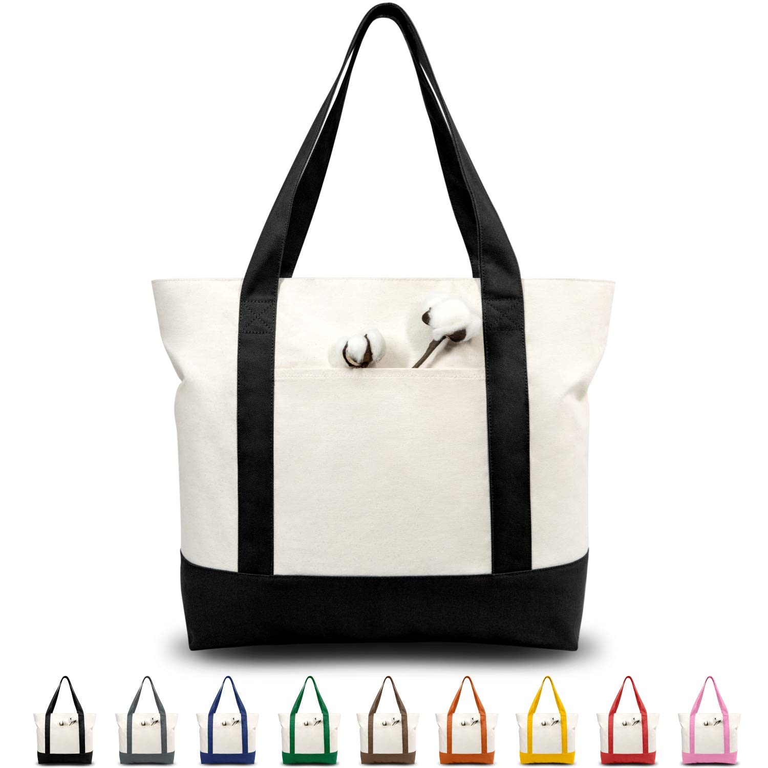 Pack Canvas Tote Bag with an External Pocket, Reusable Grocery Shopping Bag, Top Zipper Closure, Daily Essentials