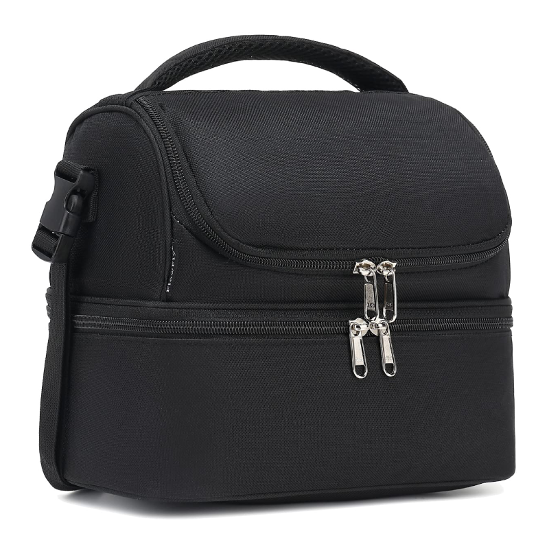 Double Decker Cooler Insulated Lunch Bag Large Tote for Boys, Girls, Men, Women, With Adjustable Strap,Black