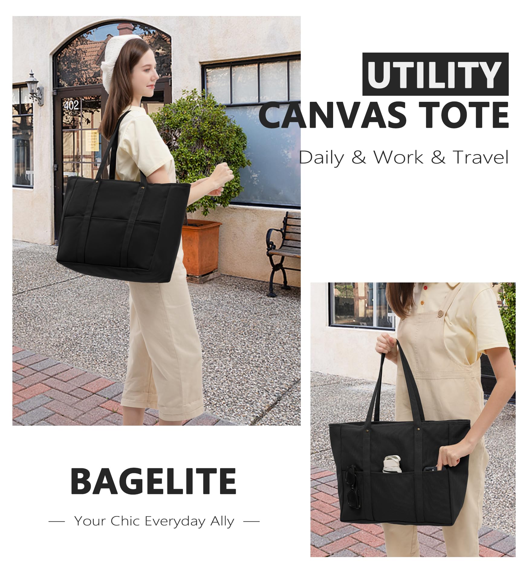 Extra Large Canvas Tote Bag for Women Men, Utility Work Bags with Zipper