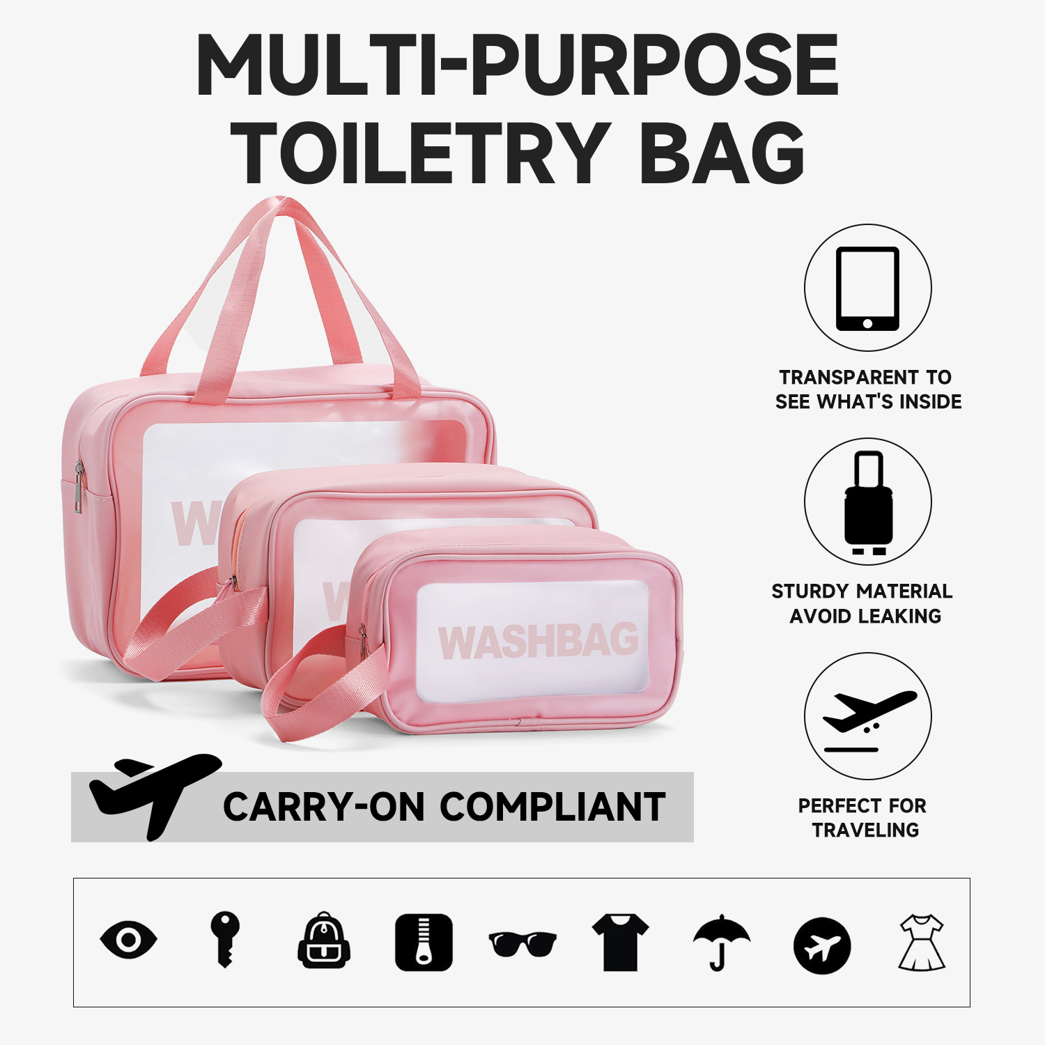 Hot Sale 3-Piece Waterproof Clear Makeup Bags Set Travel Toiletry Organizer Plastic PVC Makeup Wash Bag