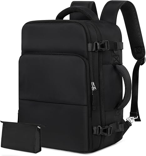 Men Black Rectangular Modern Sports Travel Backpack Daypack 15.6 Inch Laptop Backpack Carry On Airplane Weekender Bag 35L 5 Compartments Water Resistant Polyester Solid Black