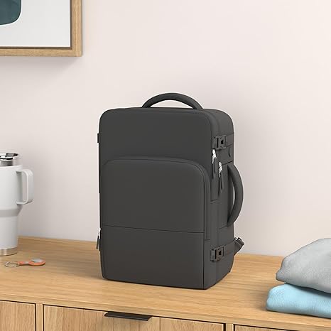 Men Black Rectangular Modern Sports Travel Backpack Daypack 15.6 Inch Laptop Backpack Carry On Airplane Weekender Bag 35L 5 Compartments Water Resistant Polyester Solid Black