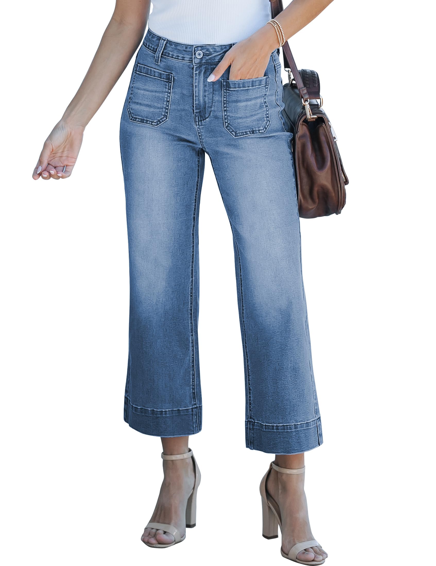 Wide Leg Jeans for Women Trendy High Waisted Flare Jeans Cropped Denim Pants Stretchy Baggy with Patch Pockets
