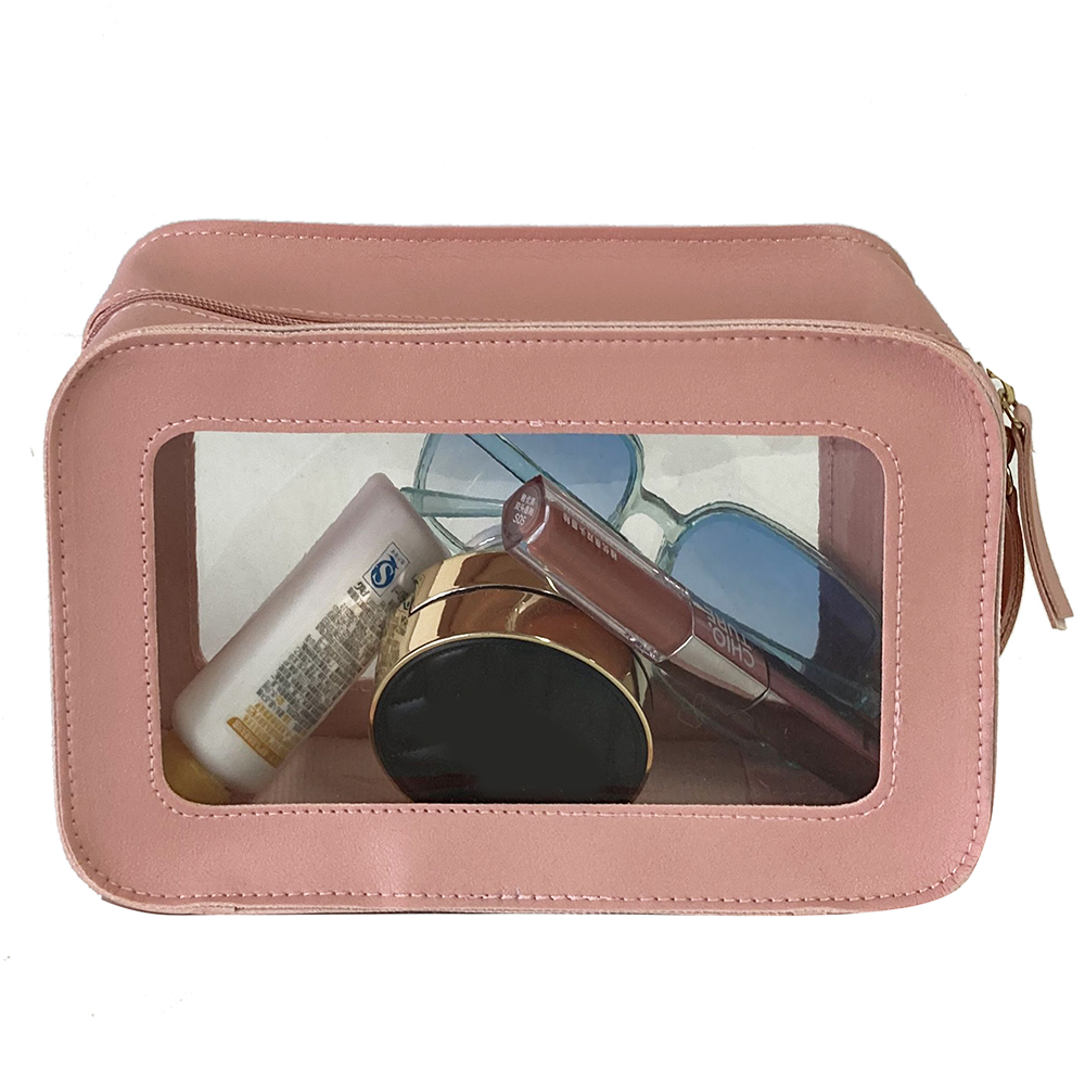 Hot Sale PVC Window PU Leather Pink Multi-functional Daily Lady Girls Women Outdoor Toiletry Bag Case Make up Pouch Makeup Pack