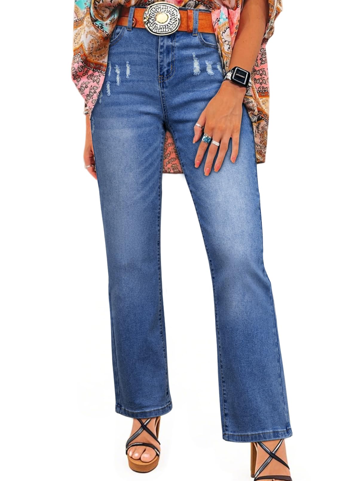 Straight Leg Jeans for Women Trendy High Rise Tapered Flare Jeans Stretchy Wide Leg Ankle Denim Pants with Pockets