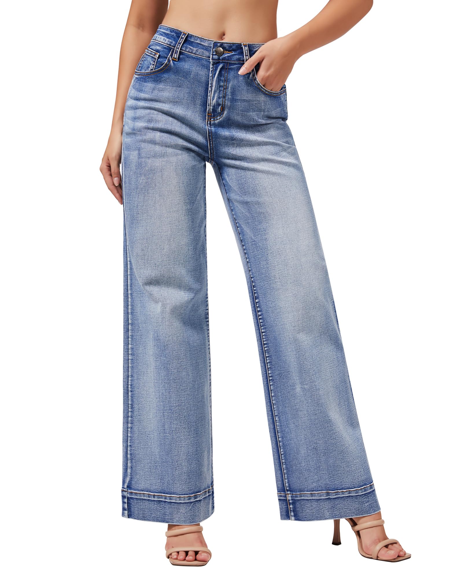Women's Wide Leg Jeans Casual High Waisted Stretchy Baggy Loose Long Trouser Jeans