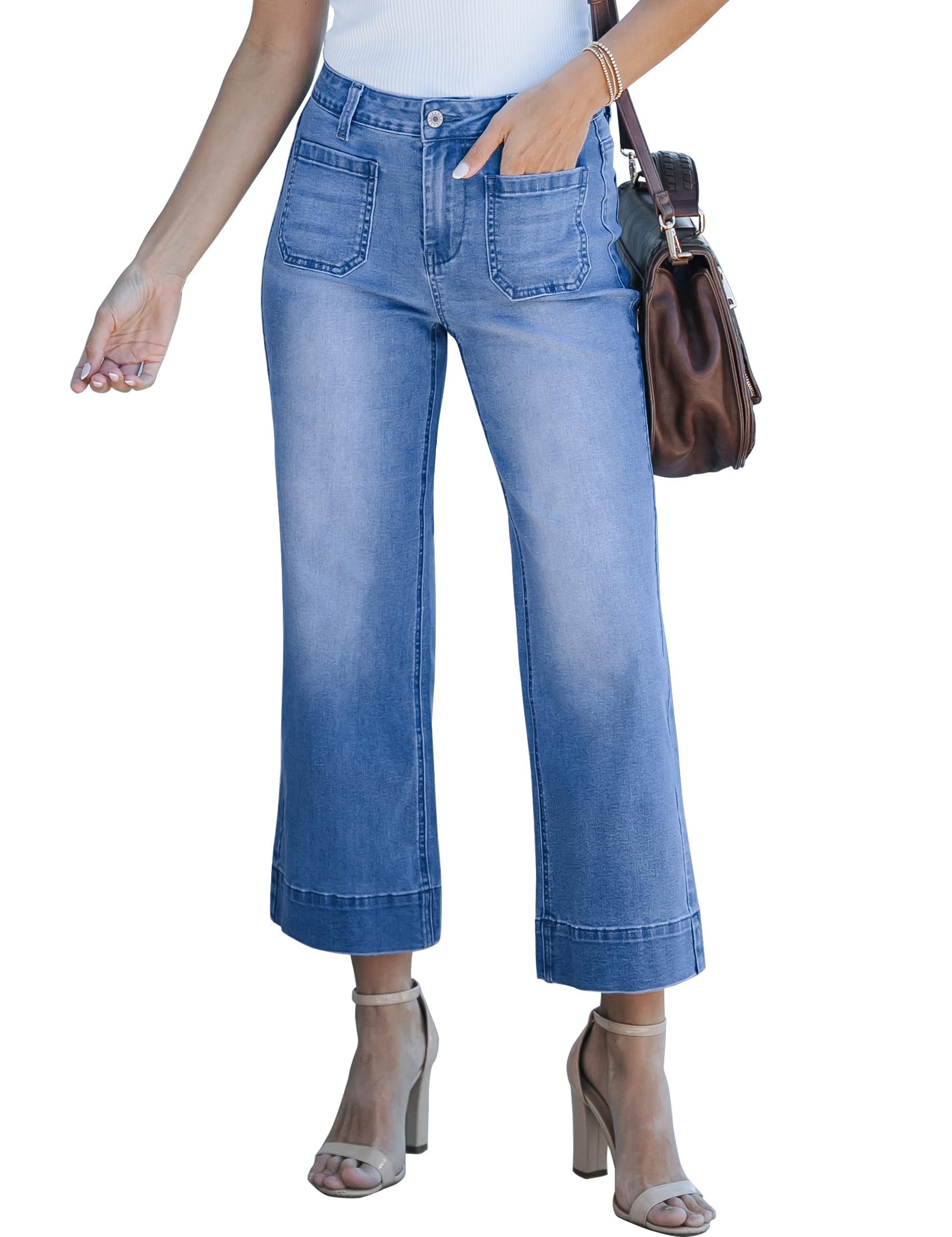 Wide Leg Jeans for Women Trendy High Waisted Flare Jeans Cropped Denim Pants Stretchy Baggy with Patch Pockets