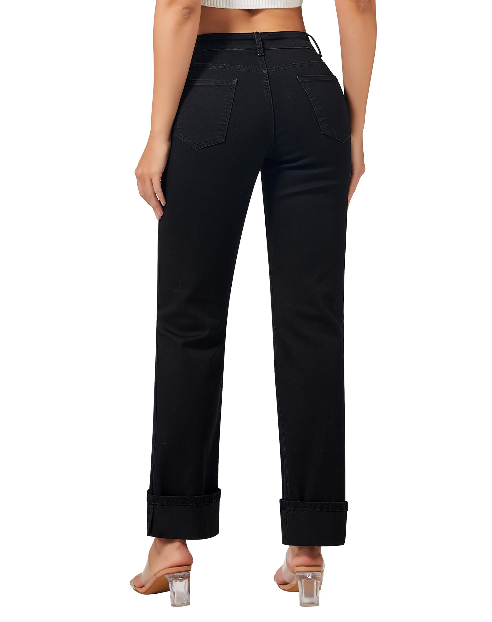 Women’s Straight Leg Jeans High Waisted Boyfriend Stretchy Cuffed Denim Pants