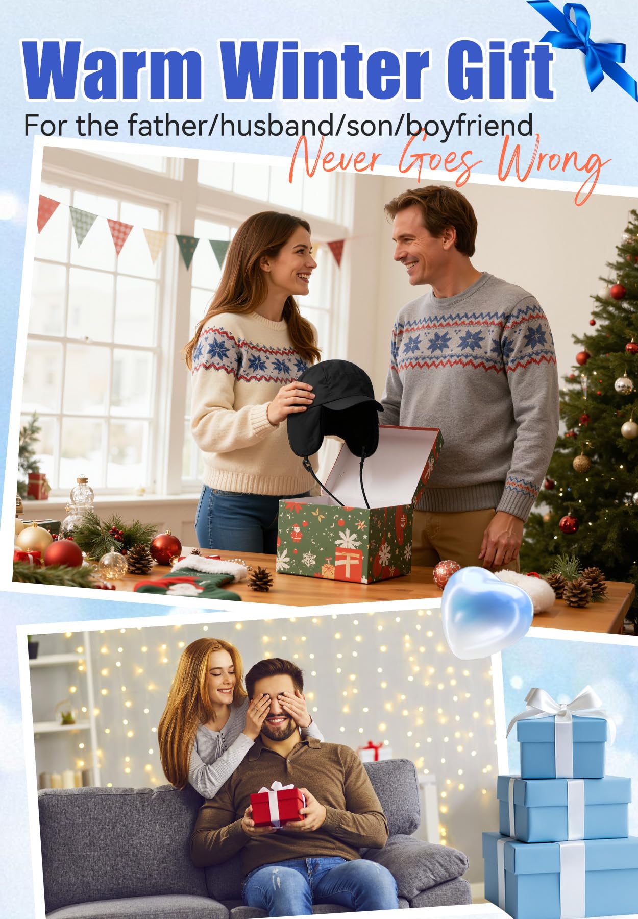 Mens Winter Hat with Ear Flaps - Waterproof Fleece Lined Baseball Cap Warm Hunting Trooper Trapper Hat for Cold Weather