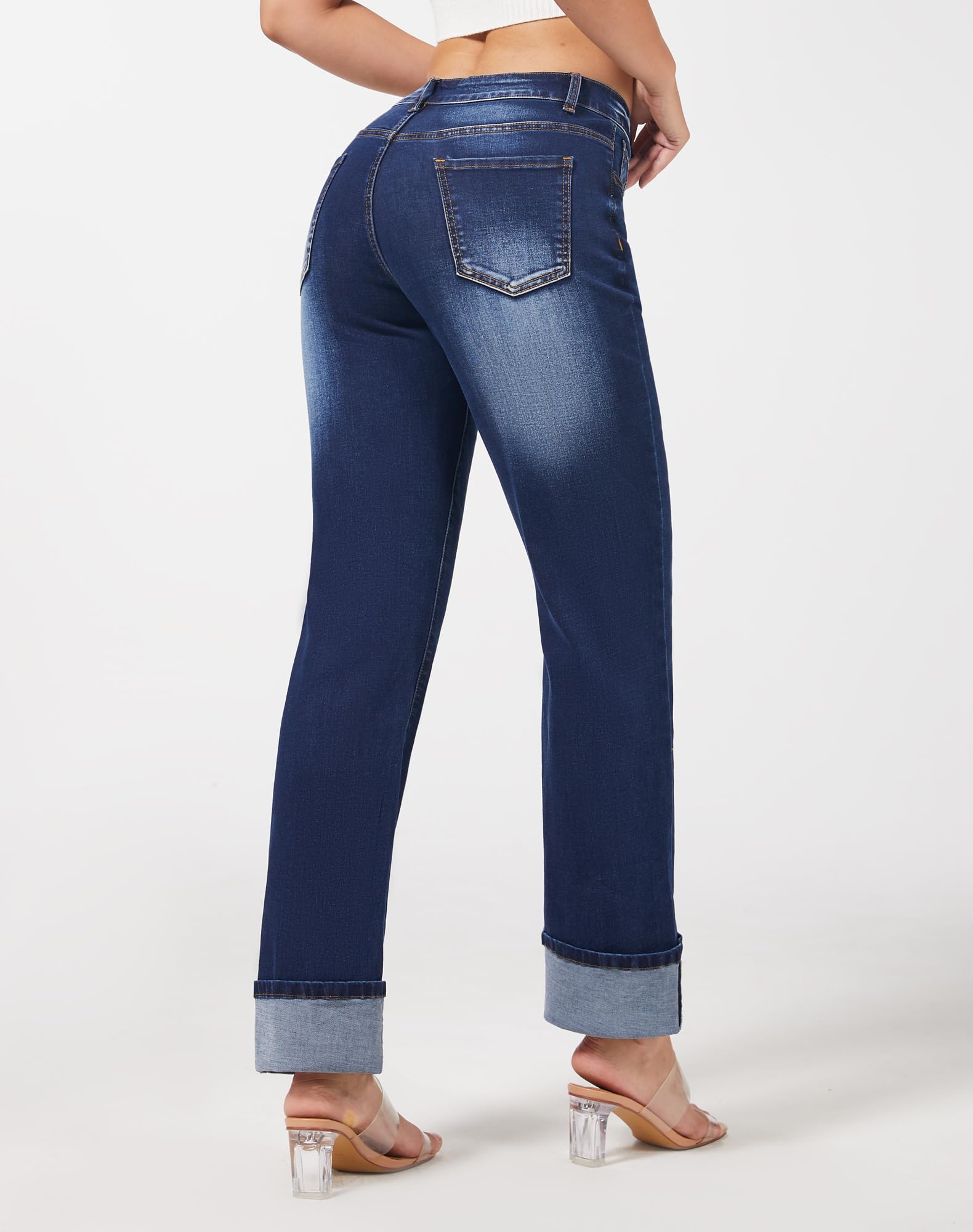 Women’s Straight Leg Jeans High Waisted Boyfriend Stretchy Cuffed Denim Pants