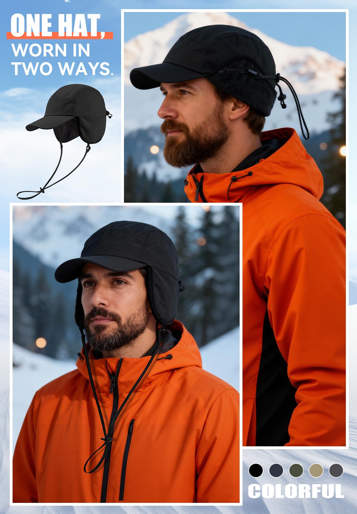 Mens Winter Hat with Ear Flaps - Waterproof Fleece Lined Baseball Cap Warm Hunting Trooper Trapper Hat for Cold Weather