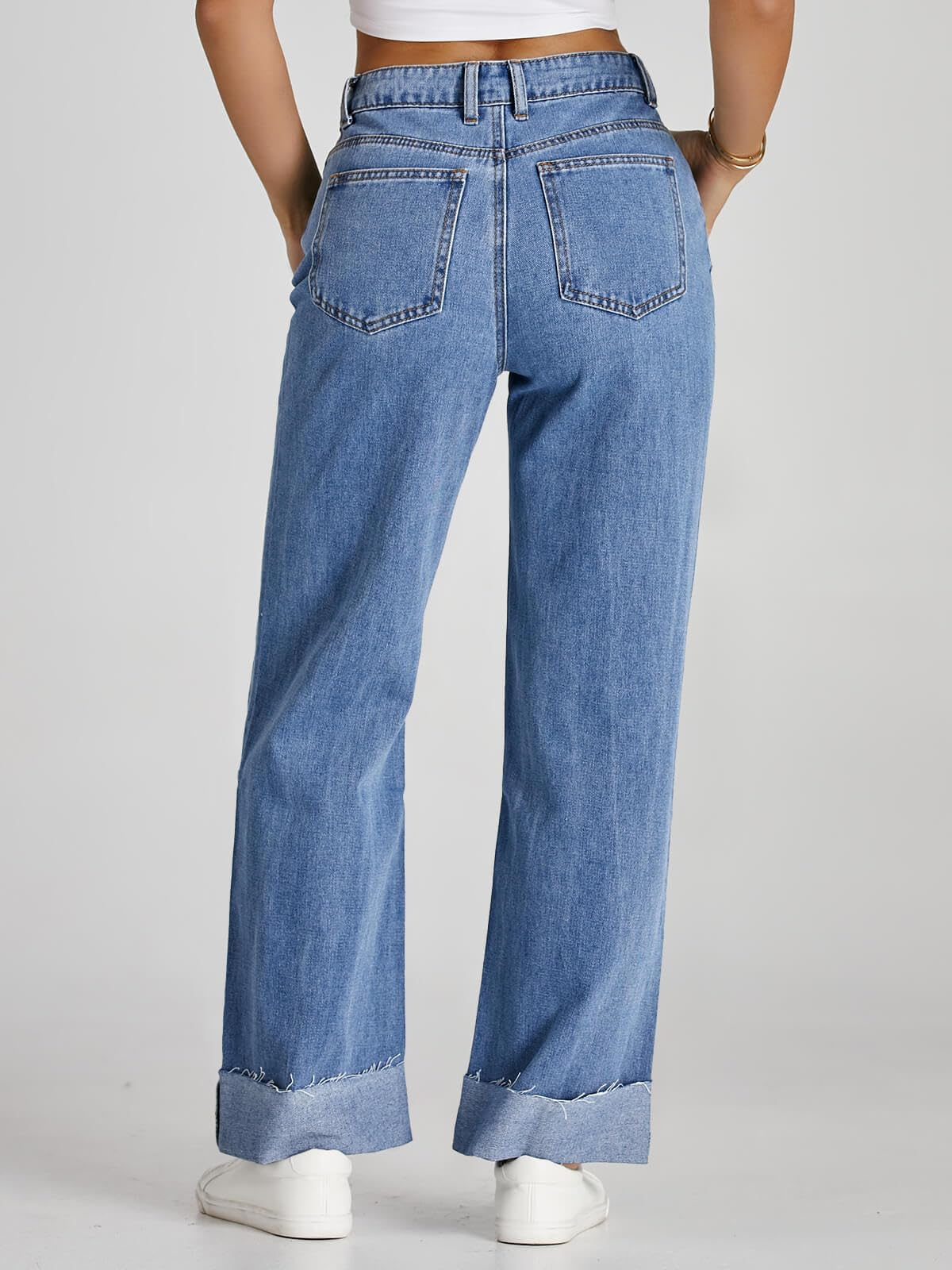 Womens High Waisted Boyfriend Jeans Cuffed Raw Straight Leg Baggy Denim Pants with Pockets