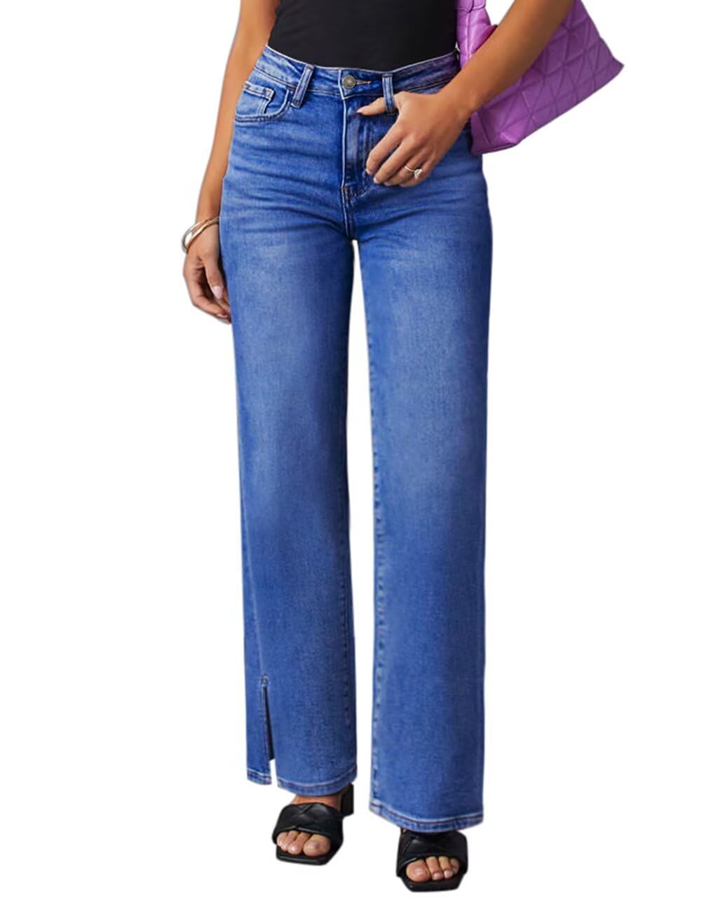 Straight Leg Jeans for Women High Waisted Jeans Frayed Baggy Pants Raw Hem Loose Stretchy Cropped Wide Leg Jeans