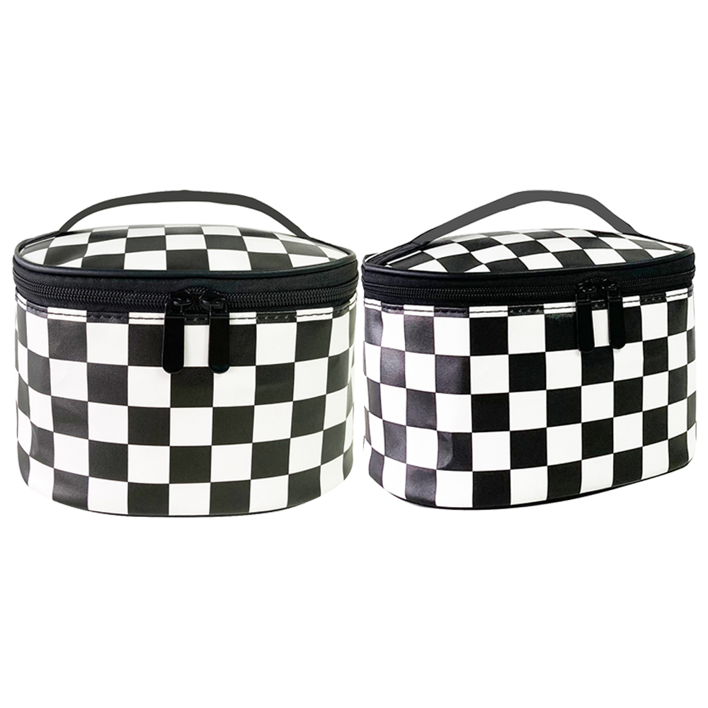 Checkered PU Makeup Travel Cosmetic Bag Organizer Toiletry Bag Make up Bags with Compartments for Women Girls
