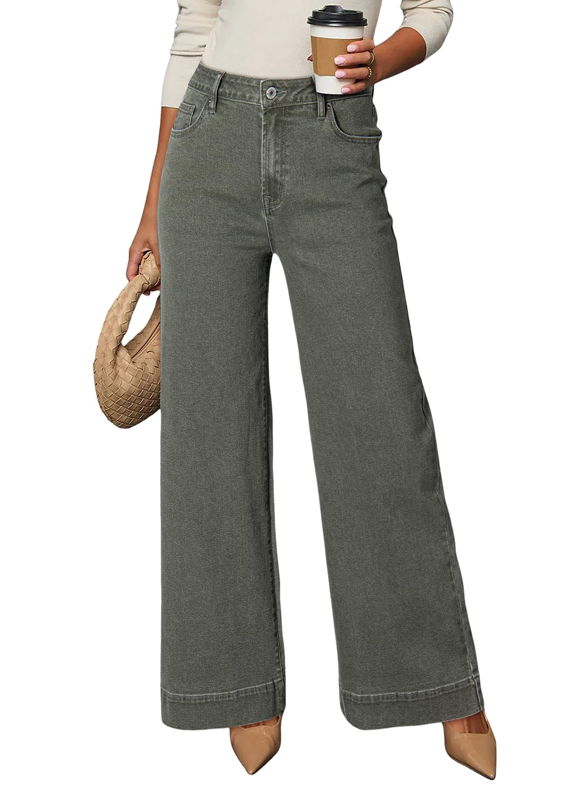 Women's Casual High Waisted Jeans Stretch Wide Leg Loose Denim Pants with Pockets