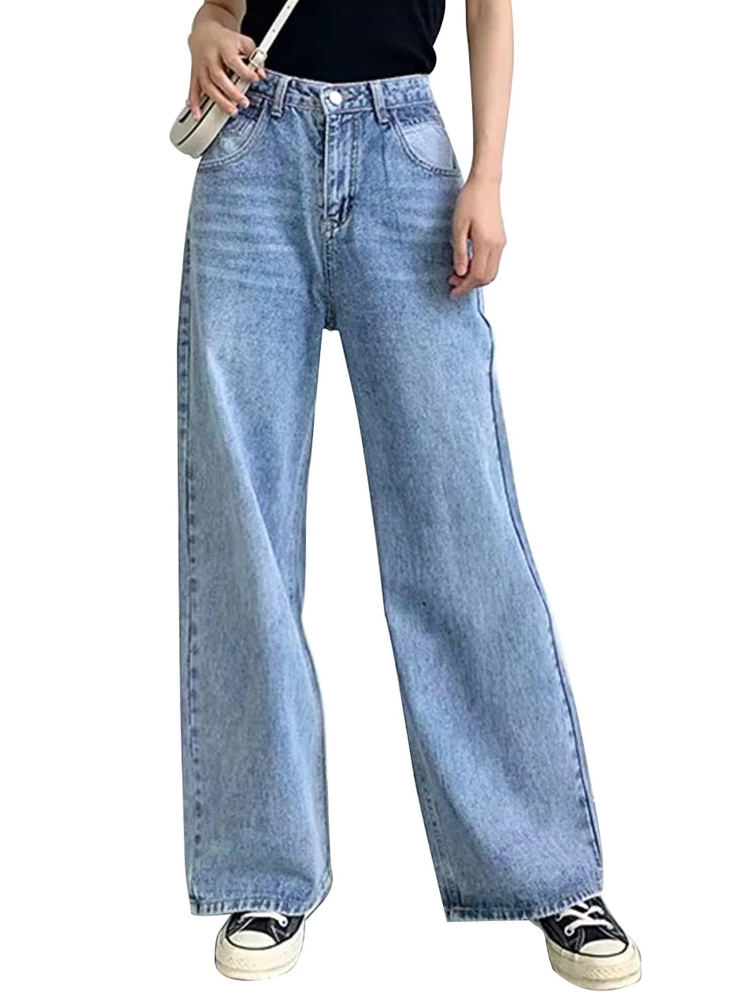 Baggy Stretchy Jeans for Women High Waisted Trendy Wide Leg Jeans Boyfriend Denim Pants with Patch Pockets