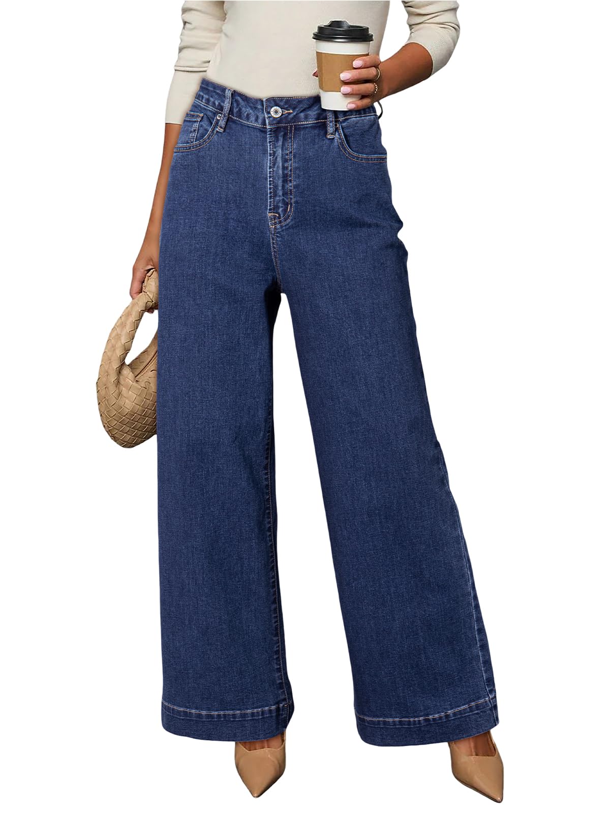 Women's Casual High Waisted Jeans Stretch Wide Leg Loose Denim Pants with Pockets