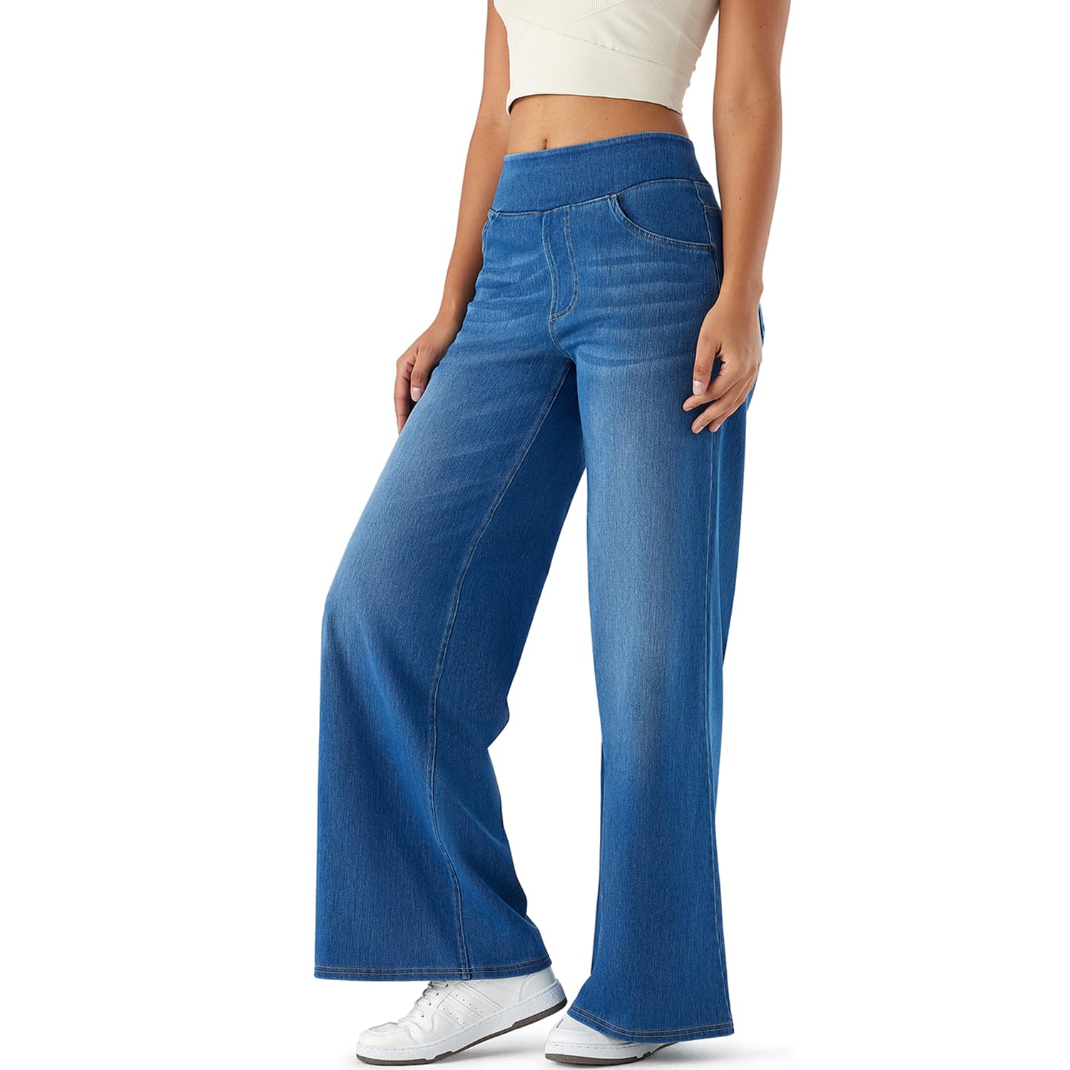 Women's High Rise Wide Leg Jeggings - Stretch Pull On Jeans-Style Pants, Soft Denim with Pockets