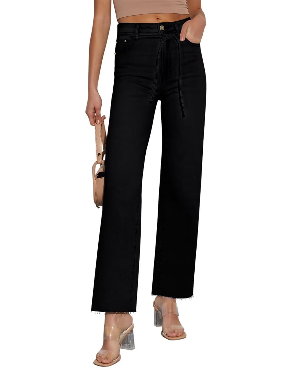 Straight Leg Jeans for Women High Waisted Jeans Frayed Baggy Pants Raw Hem Loose Stretchy Cropped Wide Leg Jeans