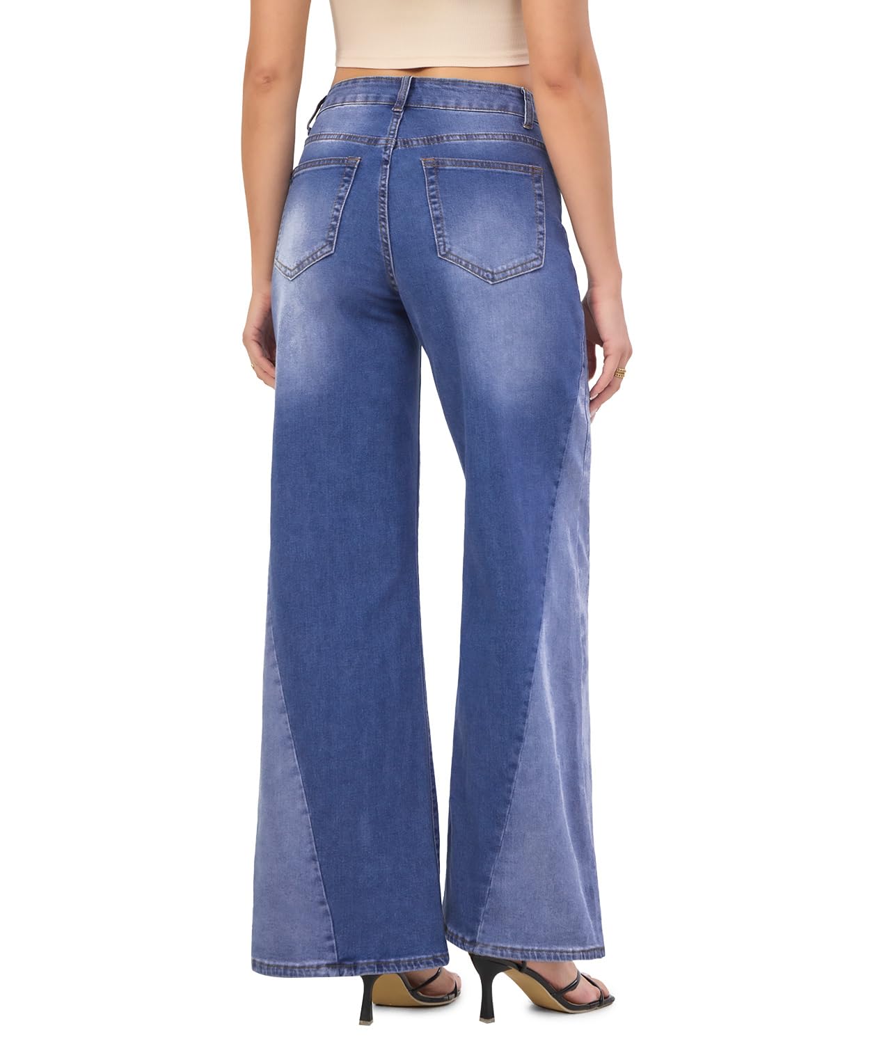 Women's Jeans with Patchwork High Waist Loose Stretchy Baggy Straight Wide Leg Jeans