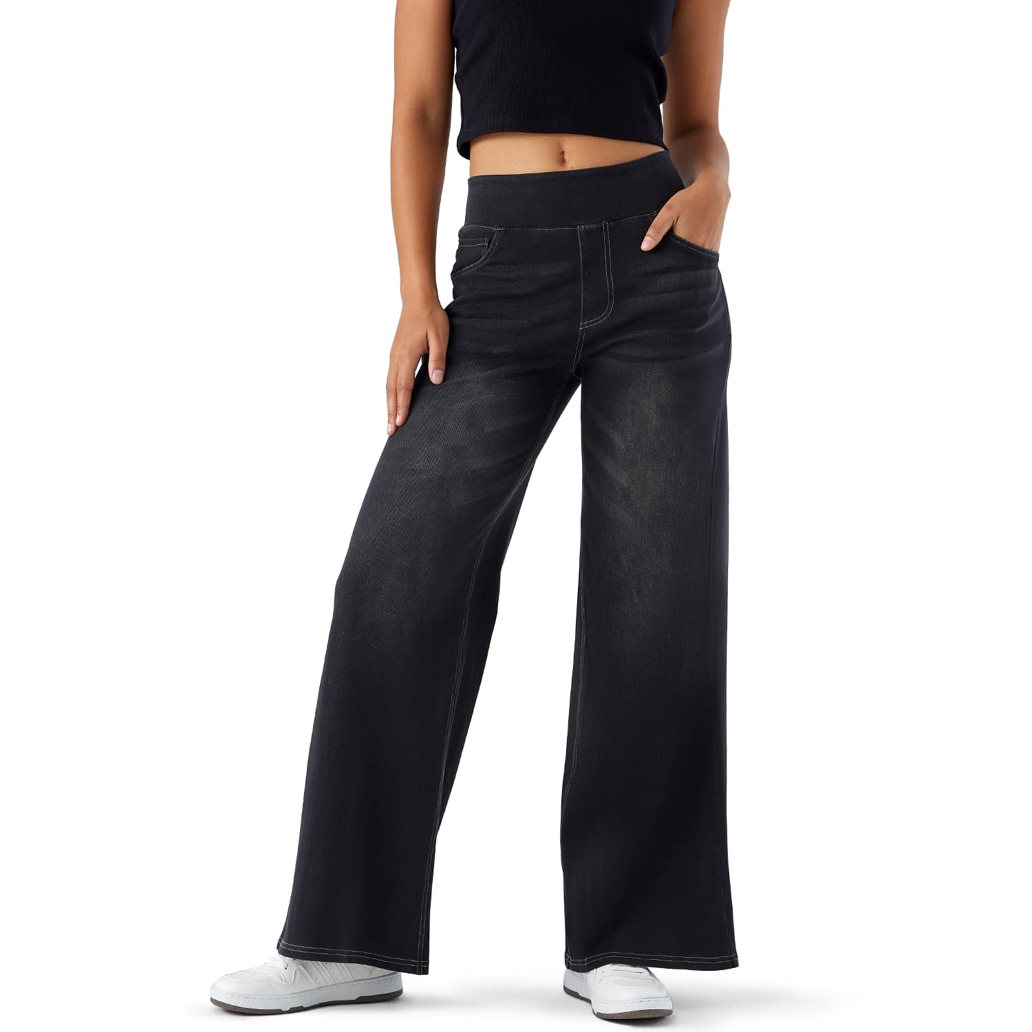 Women's High Rise Wide Leg Jeggings - Stretch Pull On Jeans-Style Pants, Soft Denim with Pockets