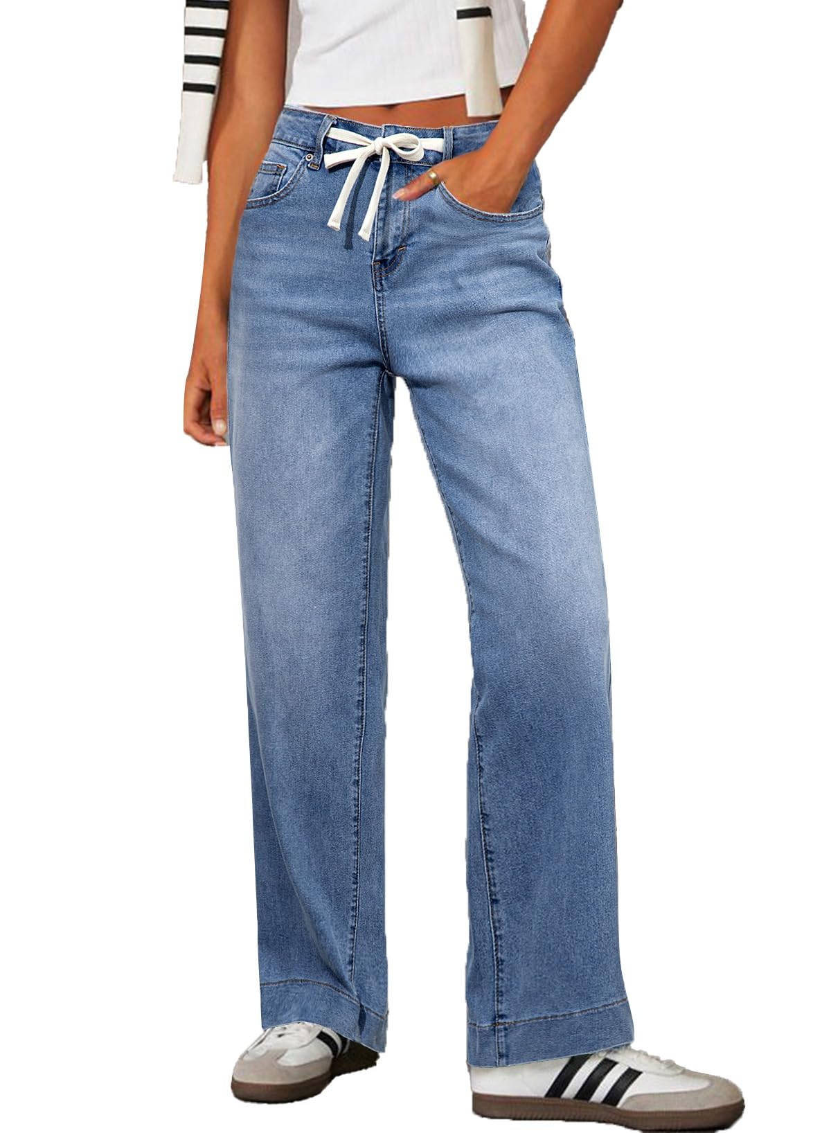 Women's Wide Leg Jeans High Waisted Stretchy Straight Leg Baggy Drawstring Zimbaplatinum Denim Pants