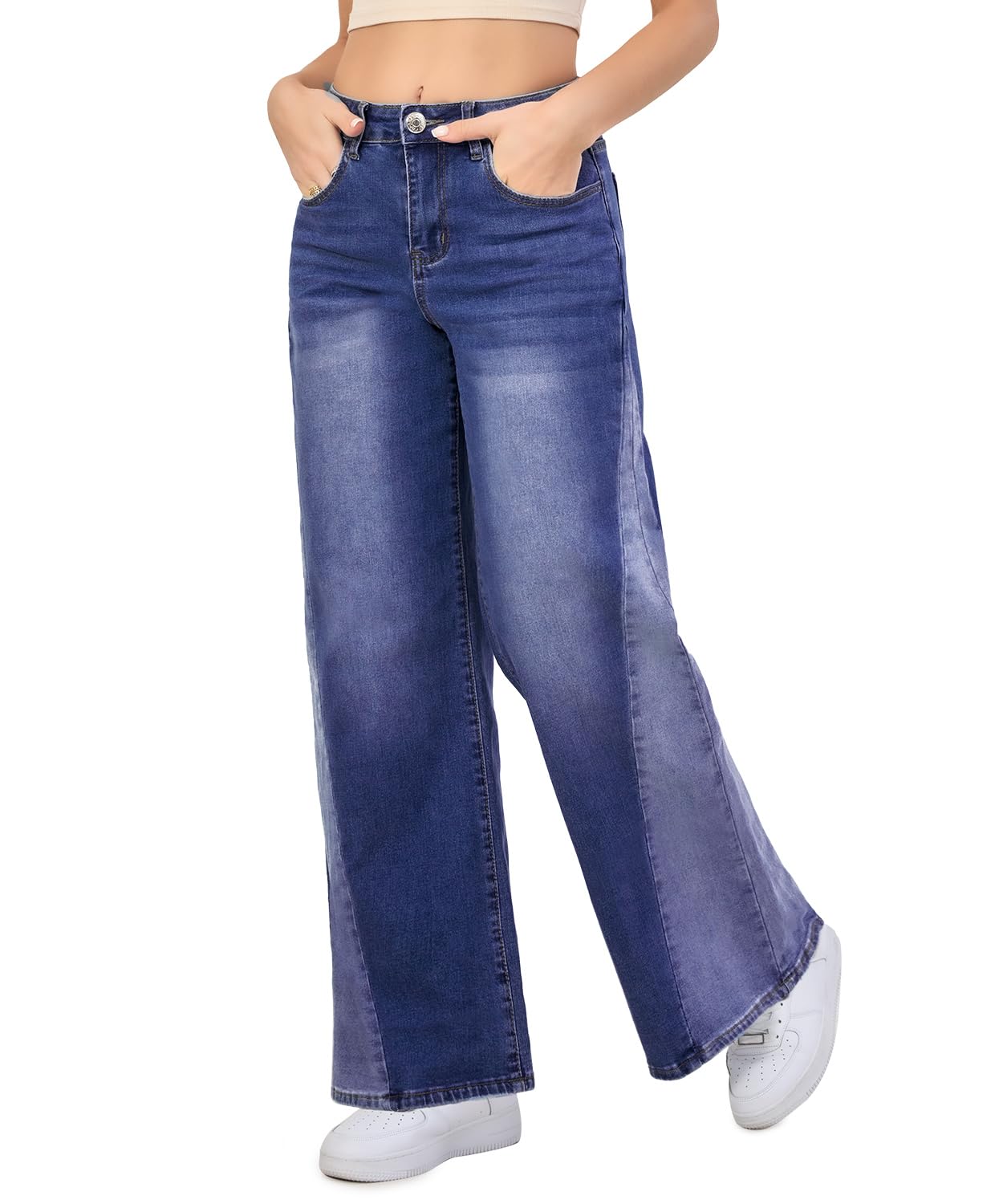 Women's Jeans with Patchwork High Waist Loose Stretchy Baggy Straight Wide Leg Jeans