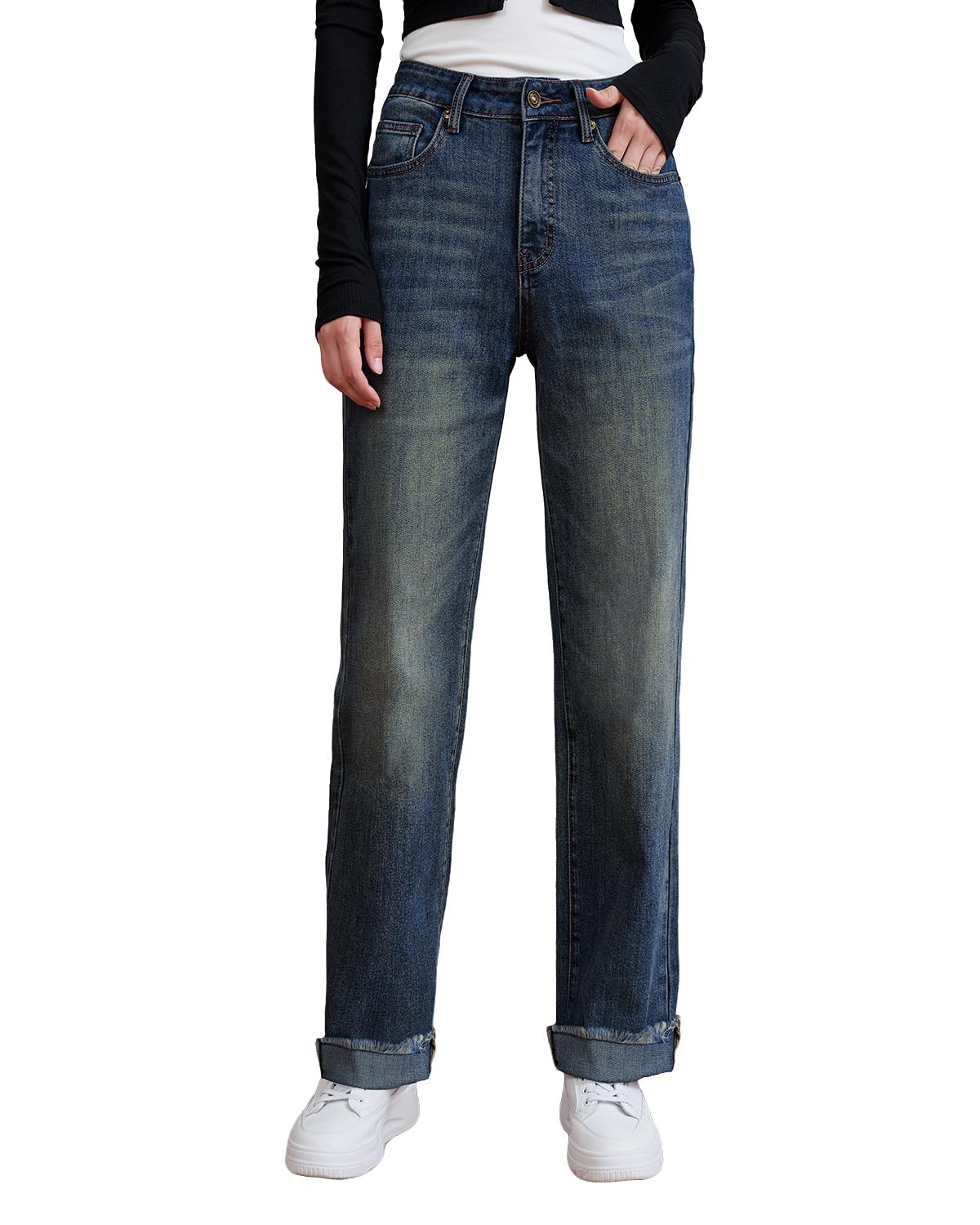 Womens High Waisted Jeans Stretchy Straight Leg Loose Fit Tummy Control Raw Hem Denim Pants Trendy 2025 Fashion