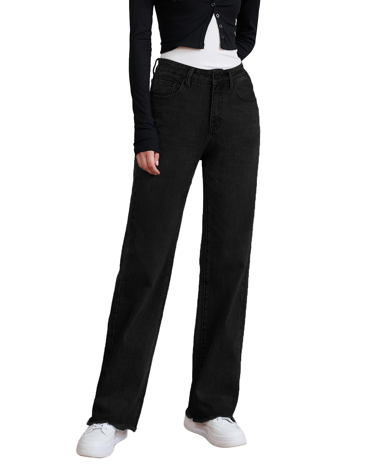 Womens High Waisted Jeans Stretchy Straight Leg Loose Fit Tummy Control Raw Hem Denim Pants Trendy 2025 Fashion