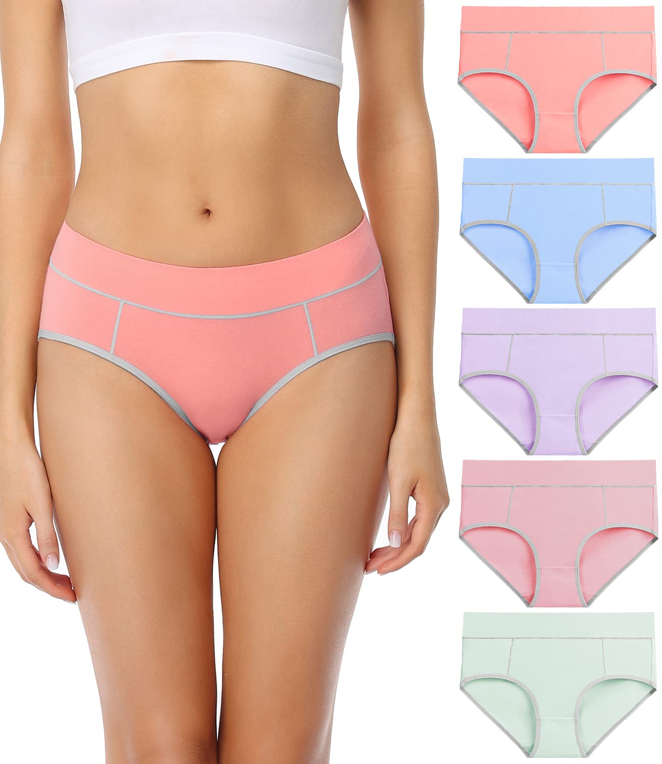 Women's Cotton Underwear Stretch Mid Waisted Briefs Ladies Panties