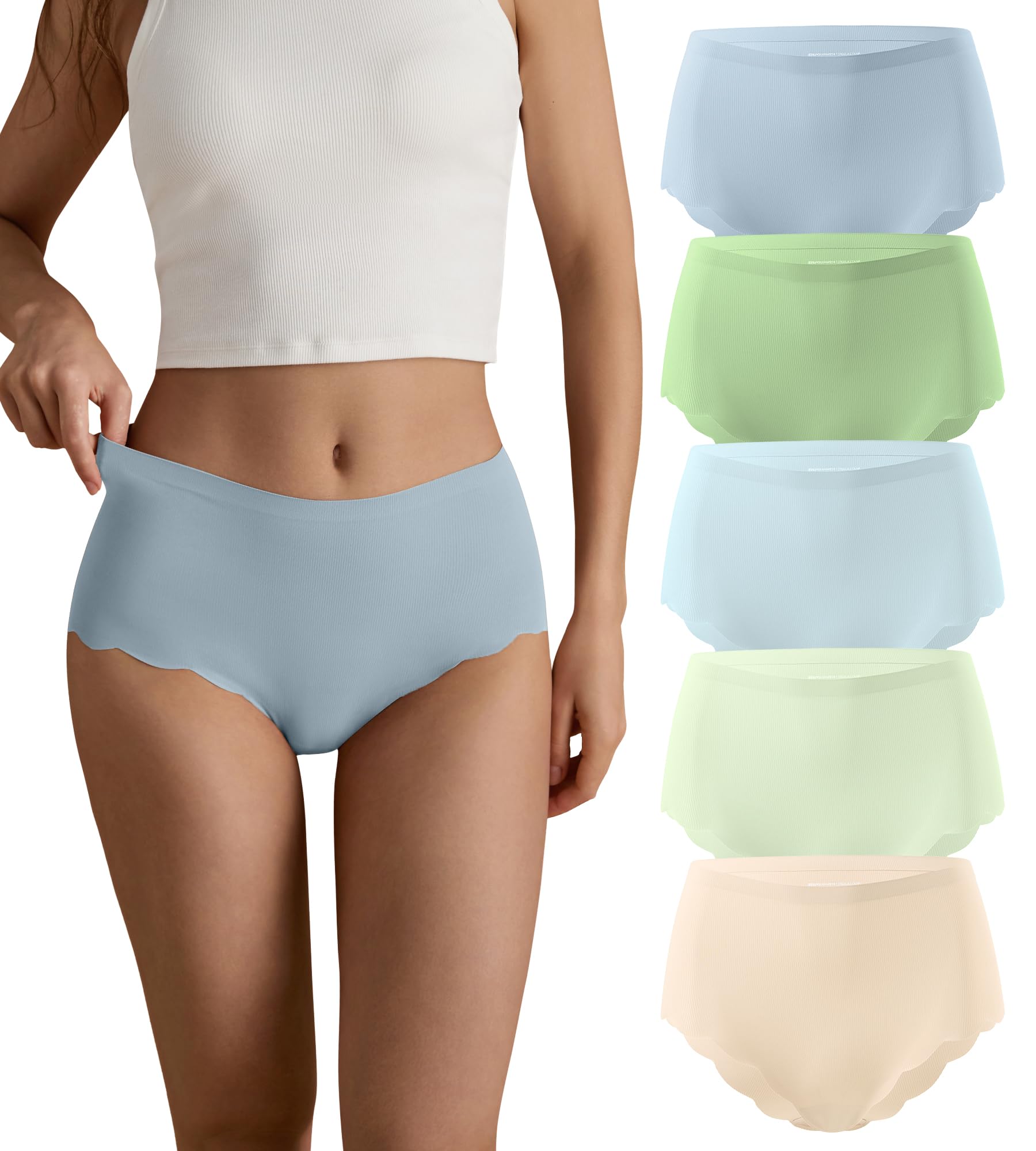 Seamless High Waisted Underwear for Women Cheeky Underwear Wave Edge No Show Bikini Panties Ribbed Panties Pack