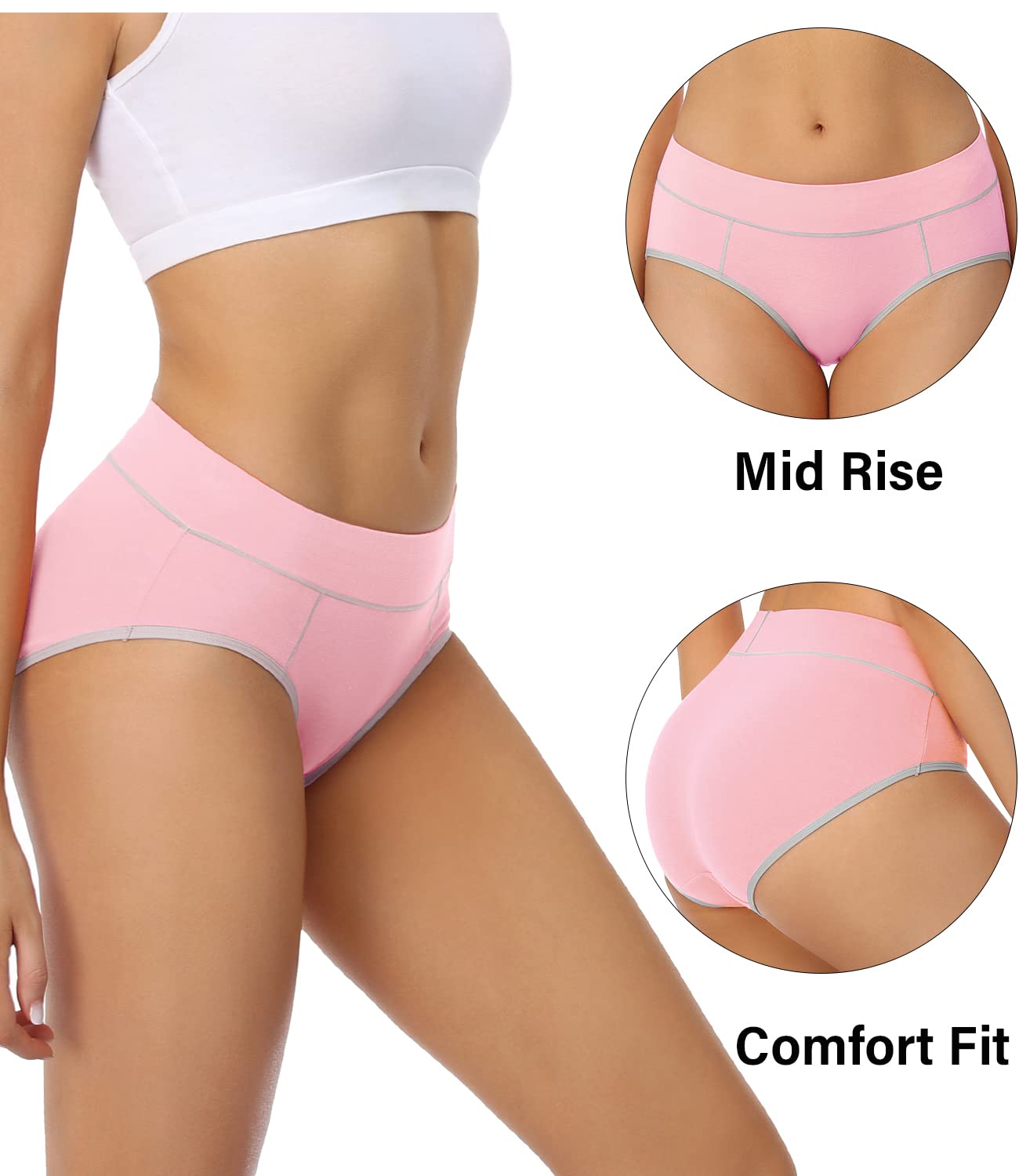 Women's Cotton Underwear Stretch Mid Waisted Briefs Ladies Panties