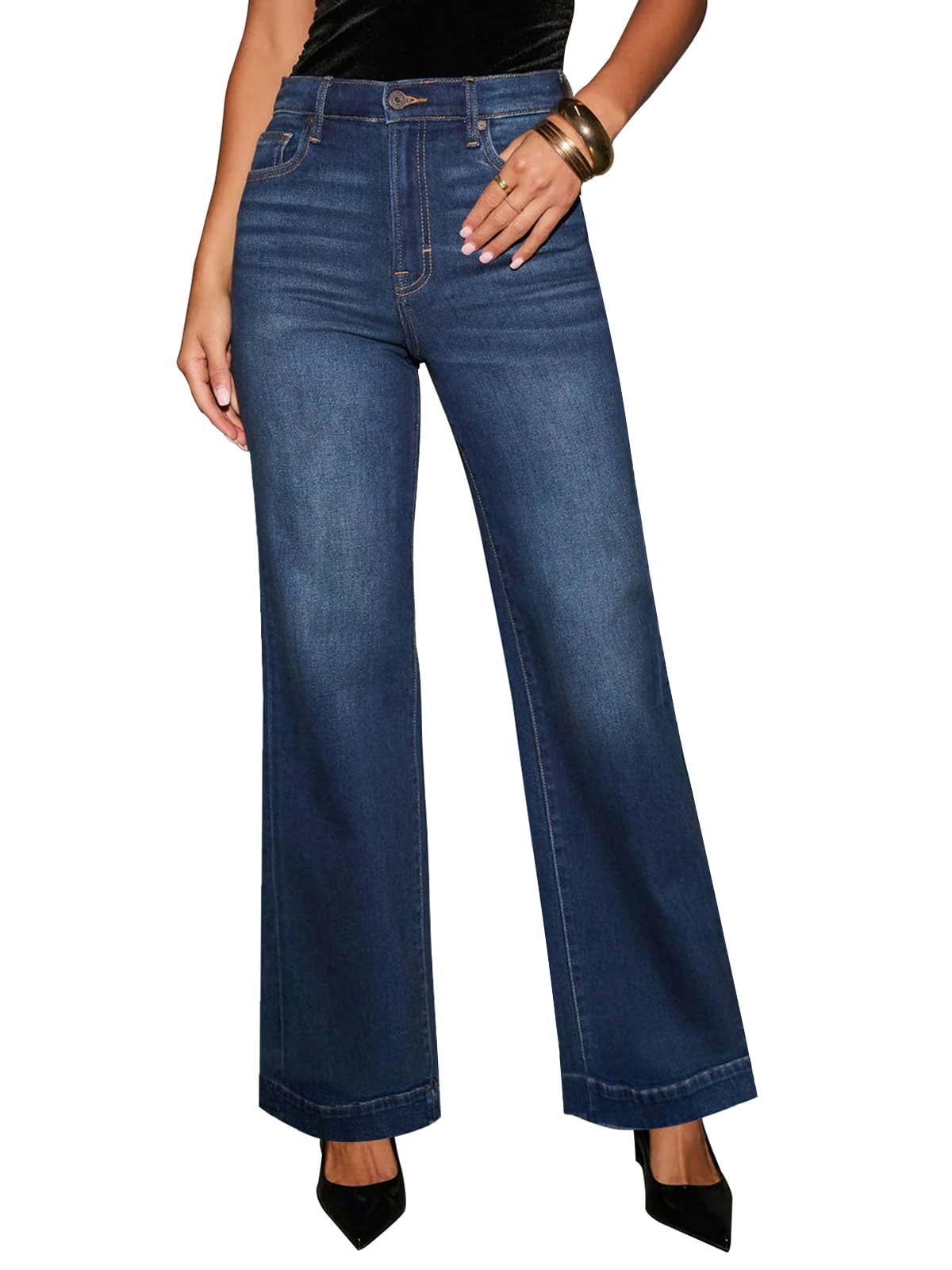Women's Wide Leg Jeans High Waisted Straight Leg Stretchy Denim Pants with Pockets