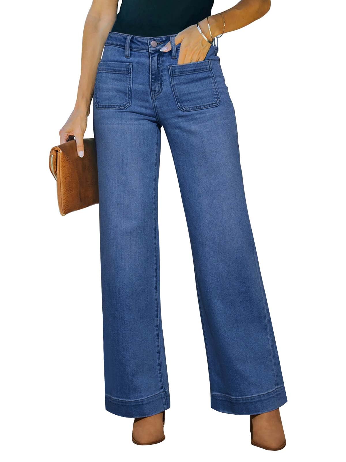 Women's Wide Leg Jeans High Waisted Straight Leg Stretchy Denim Pants with Pockets