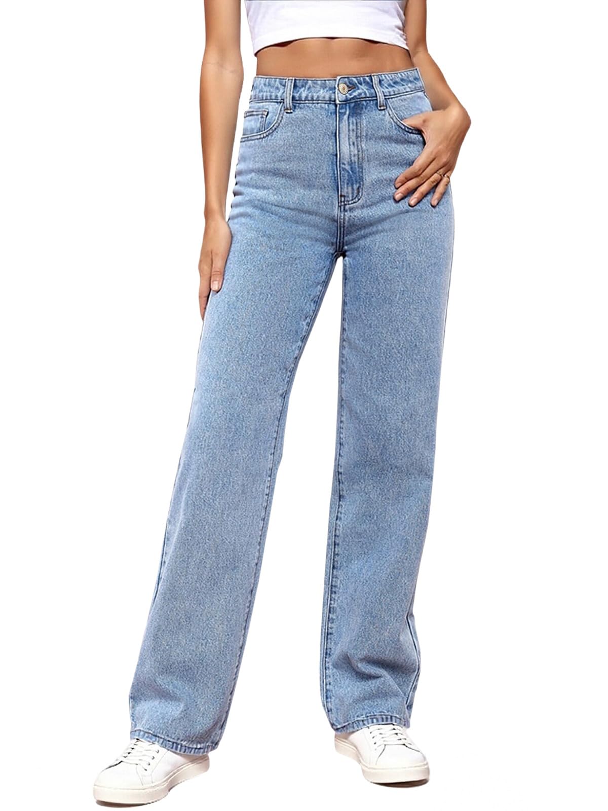 Women's Straight Leg Jeans Tummy Control Trendy High Waisted Stretchy Casual Denim Pants Baggy Trousers