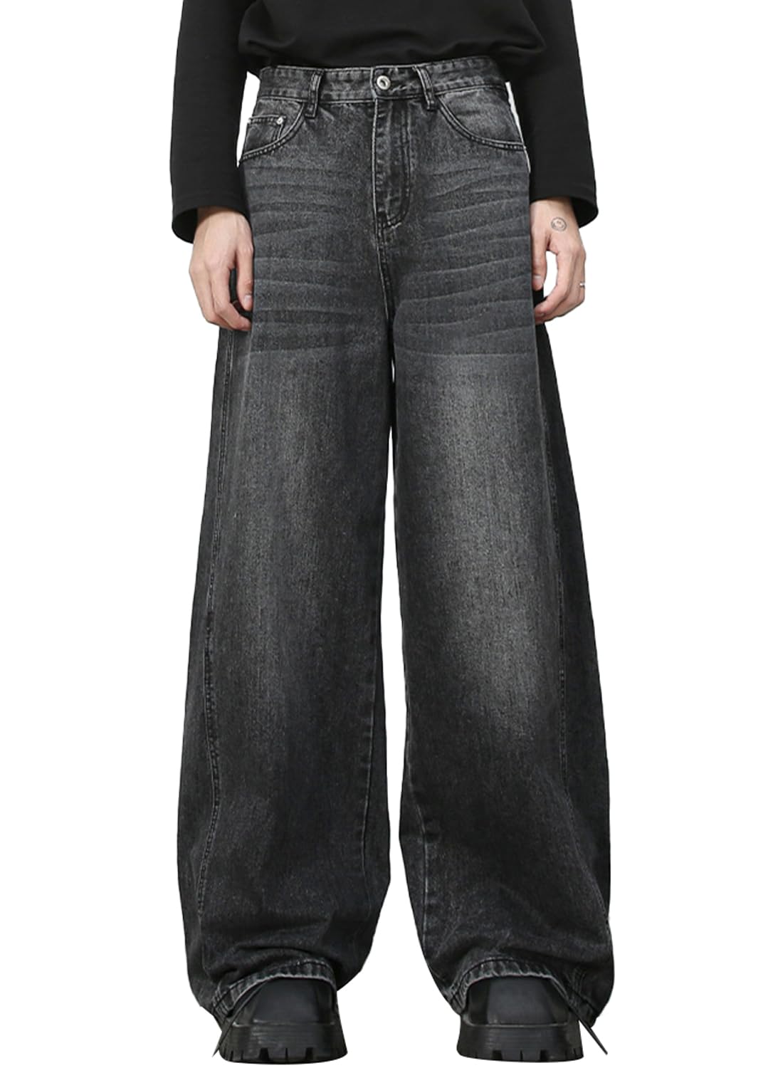 Men's Baggy Hip Hop Jeans Wide Leg Skater Denim Pants Casual Loose Fit Long Trousers Stree