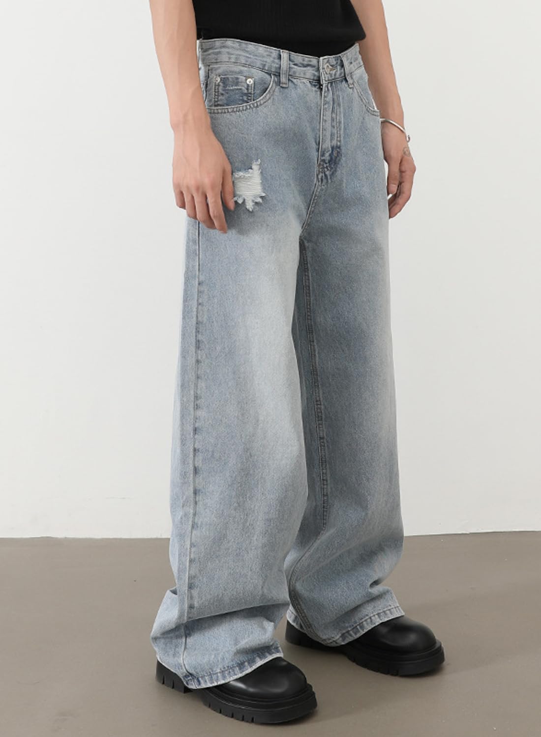 Men's Baggy Hip Hop Jeans Wide Leg Skater Denim Pants Casual Loose Fit Long Trousers Stree