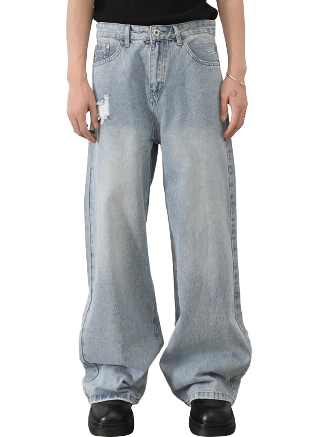 Men's Baggy Hip Hop Jeans Wide Leg Skater Denim Pants Casual Loose Fit Long Trousers Stree