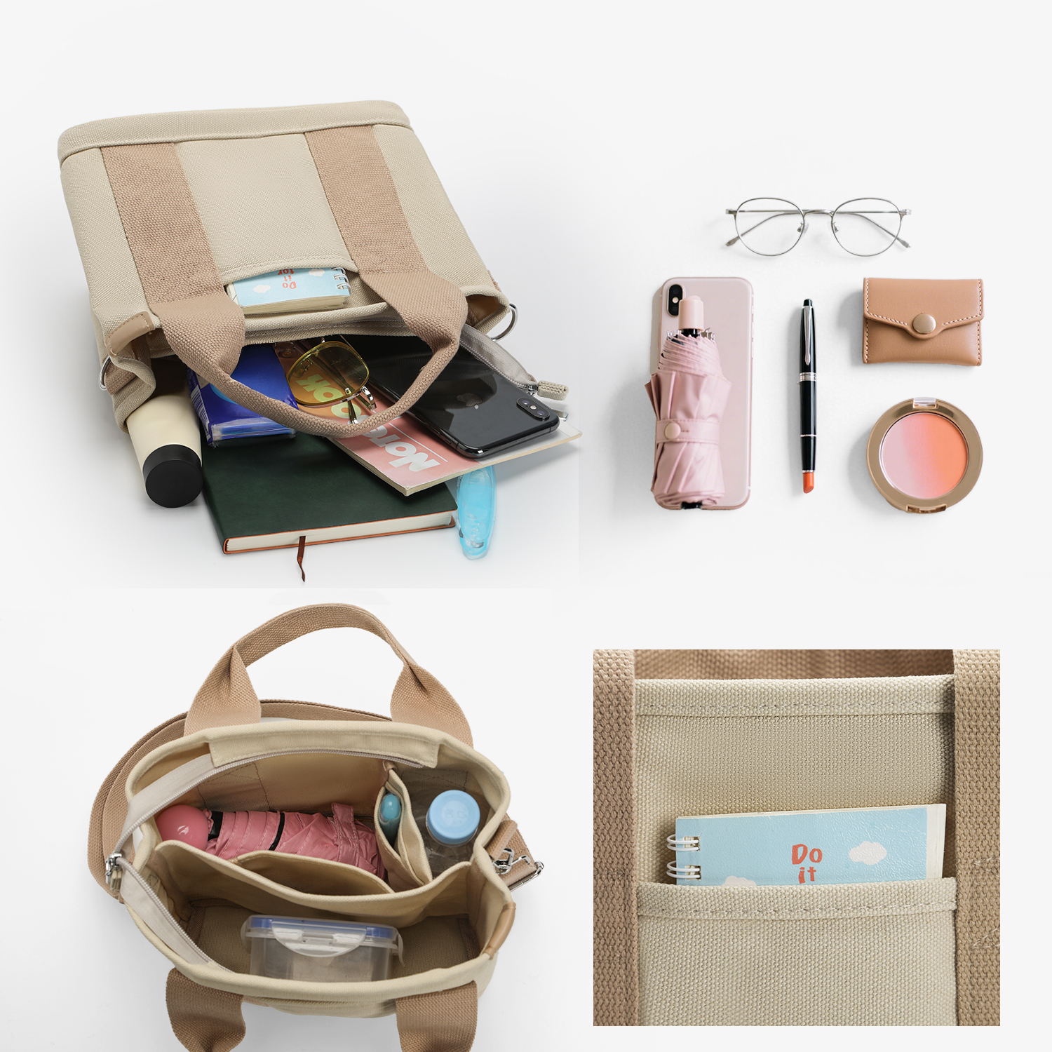 Plain Cotton Women's Canvas Tote Bags Zipper Fashionable Reusable Handle Women Crossbody Canvas Bag for Travel