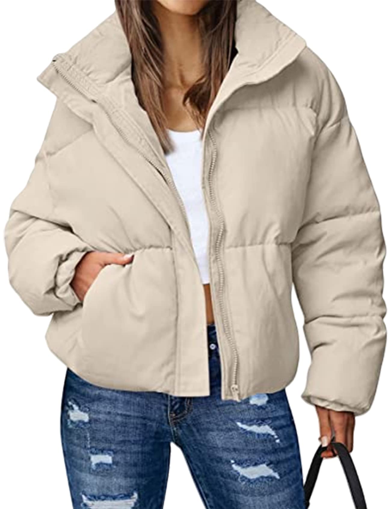 Women's Cropped Puffer Jackets Casual Padded Jacket Long Sleeve Full Zip Stand Collar Winter Coat