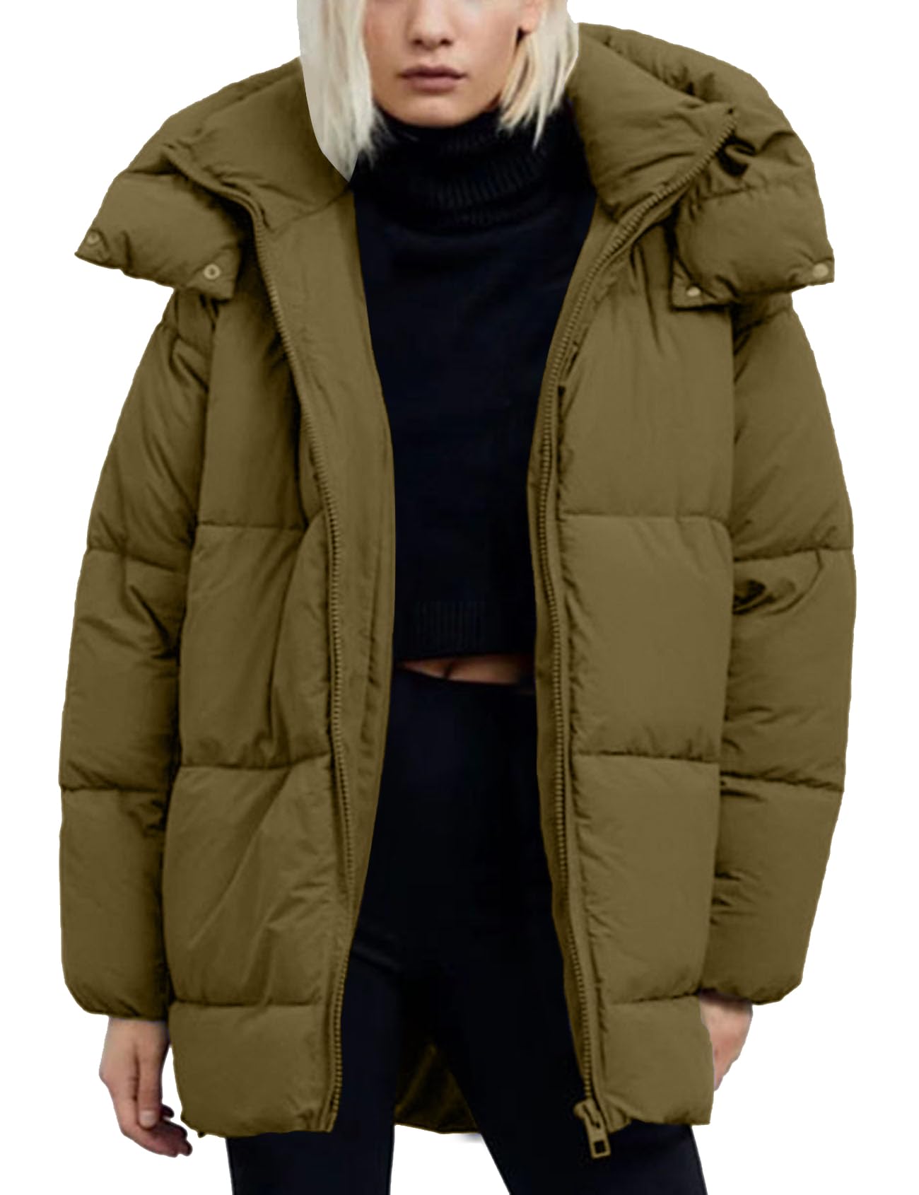 Womens Hooded Quilted Puffer Jacket Mid-Length Padded Warm Winter Heavyweight Coat Outerwear