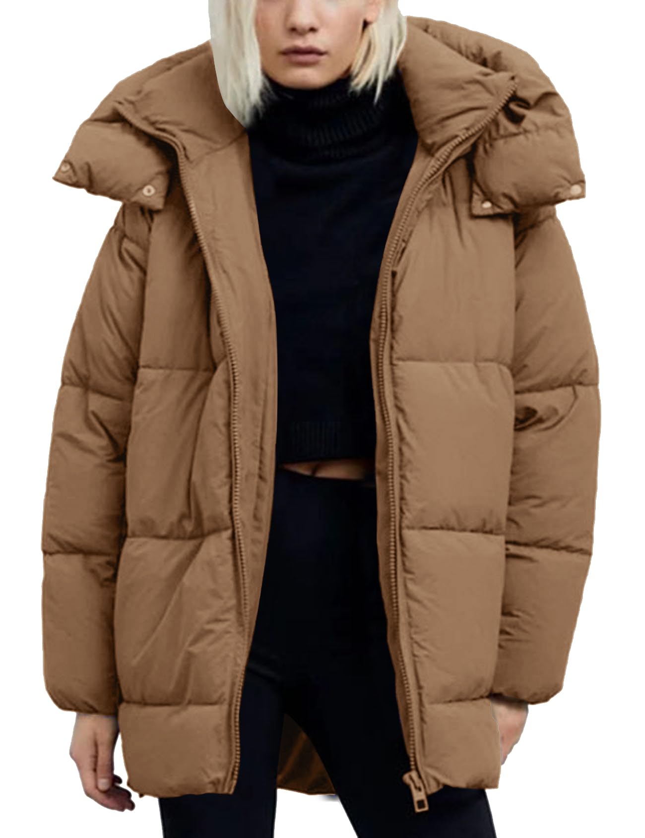 Womens Hooded Quilted Puffer Jacket Mid-Length Padded Warm Winter Heavyweight Coat Outerwear