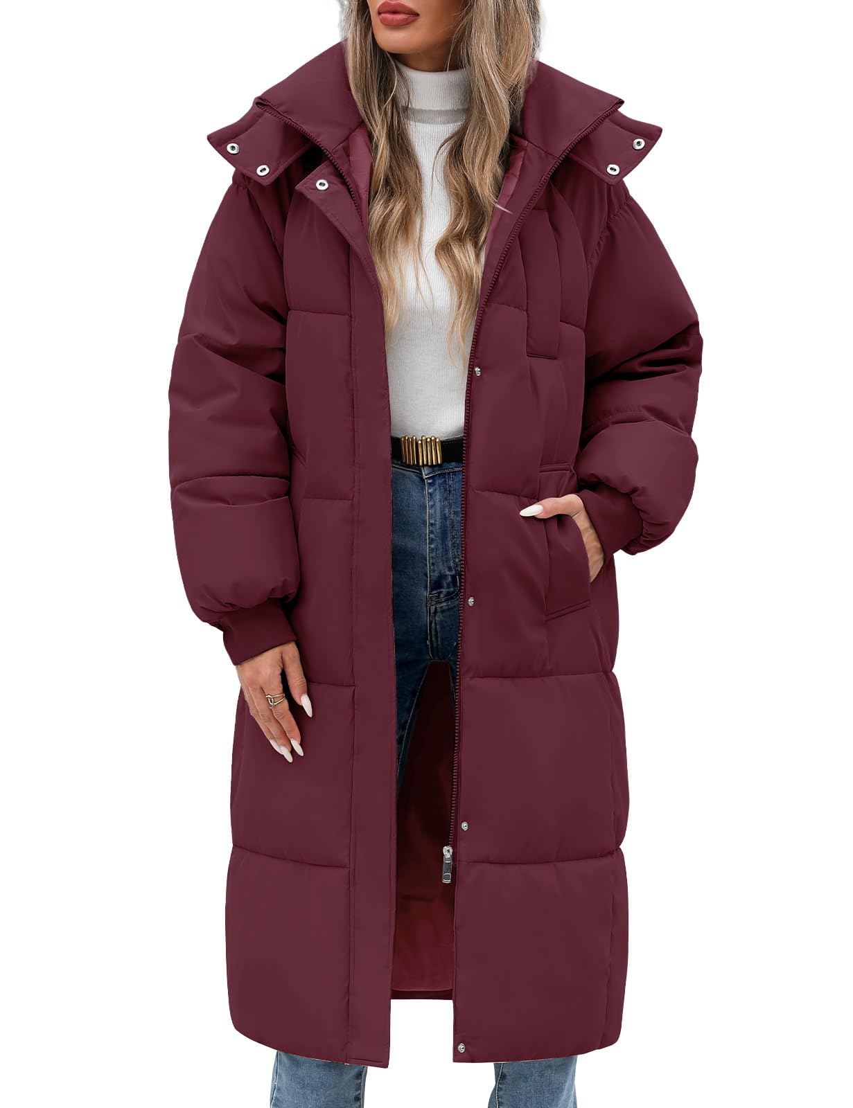 Winter Jacket Long Puffer Coat Hooded Warm Parka Down Jackets Coats Zip Up Outerwear with Decorative Pockets