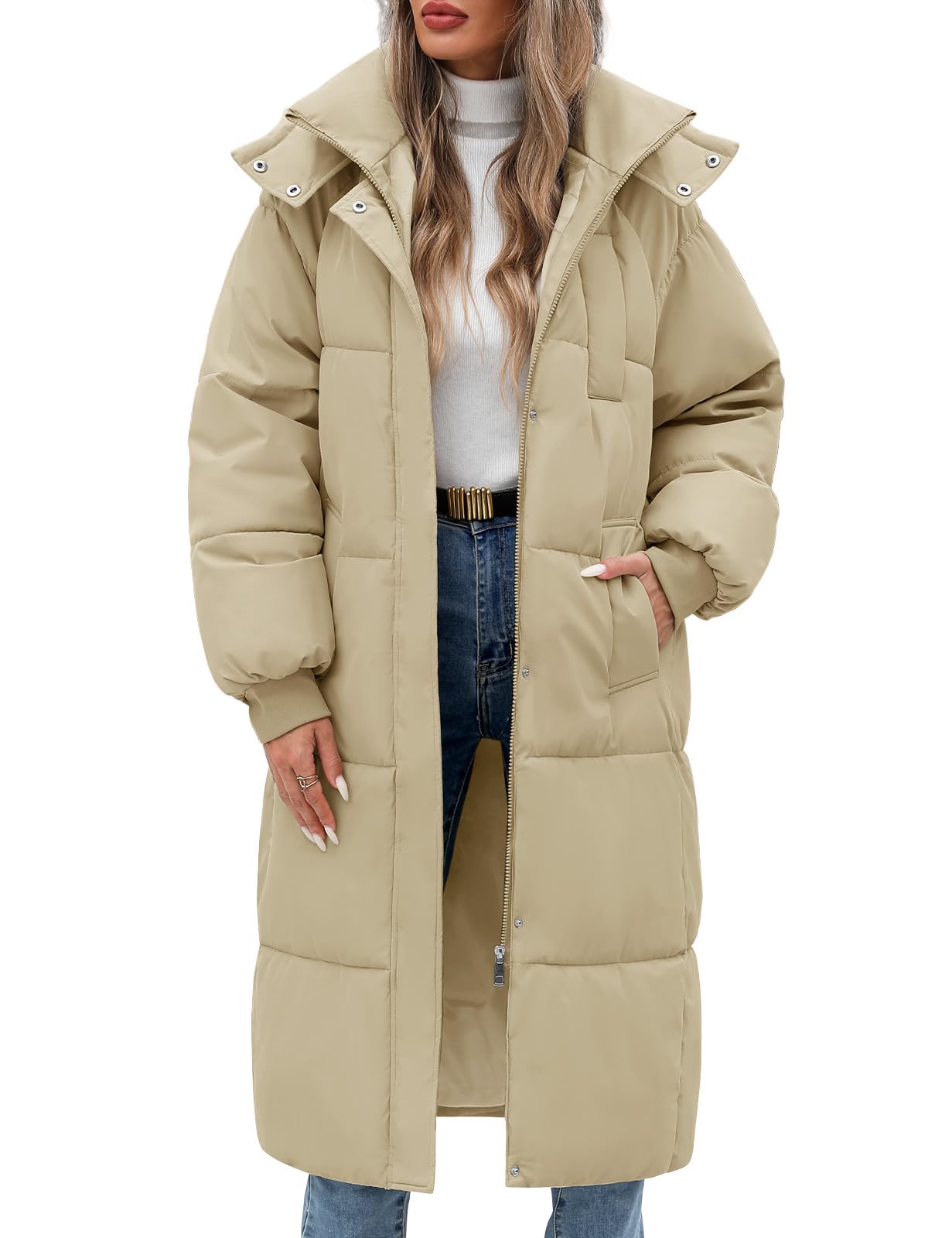 Winter Jacket Long Puffer Coat Hooded Warm Parka Down Jackets Coats Zip Up Outerwear with Decorative Pockets