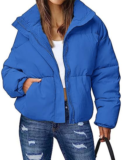 Women's Cropped Puffer Jackets Casual Padded Jacket Long Sleeve Full Zip Stand Collar Winter Coat