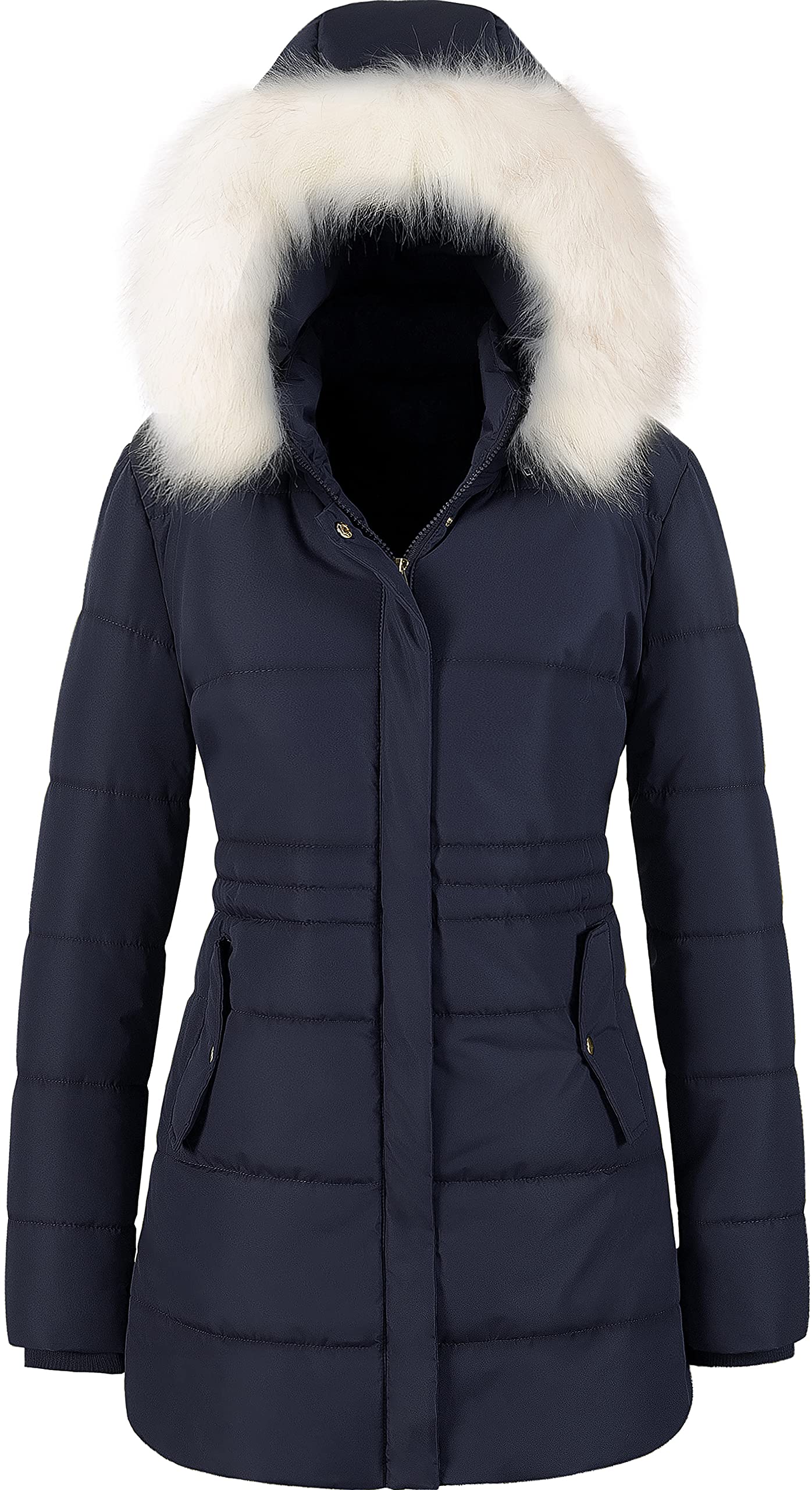Women's Winter Warm Coats Puffer Jacket Long Drawstring Waterproof Snow Parka With Removable Faux Fur Trim Hood