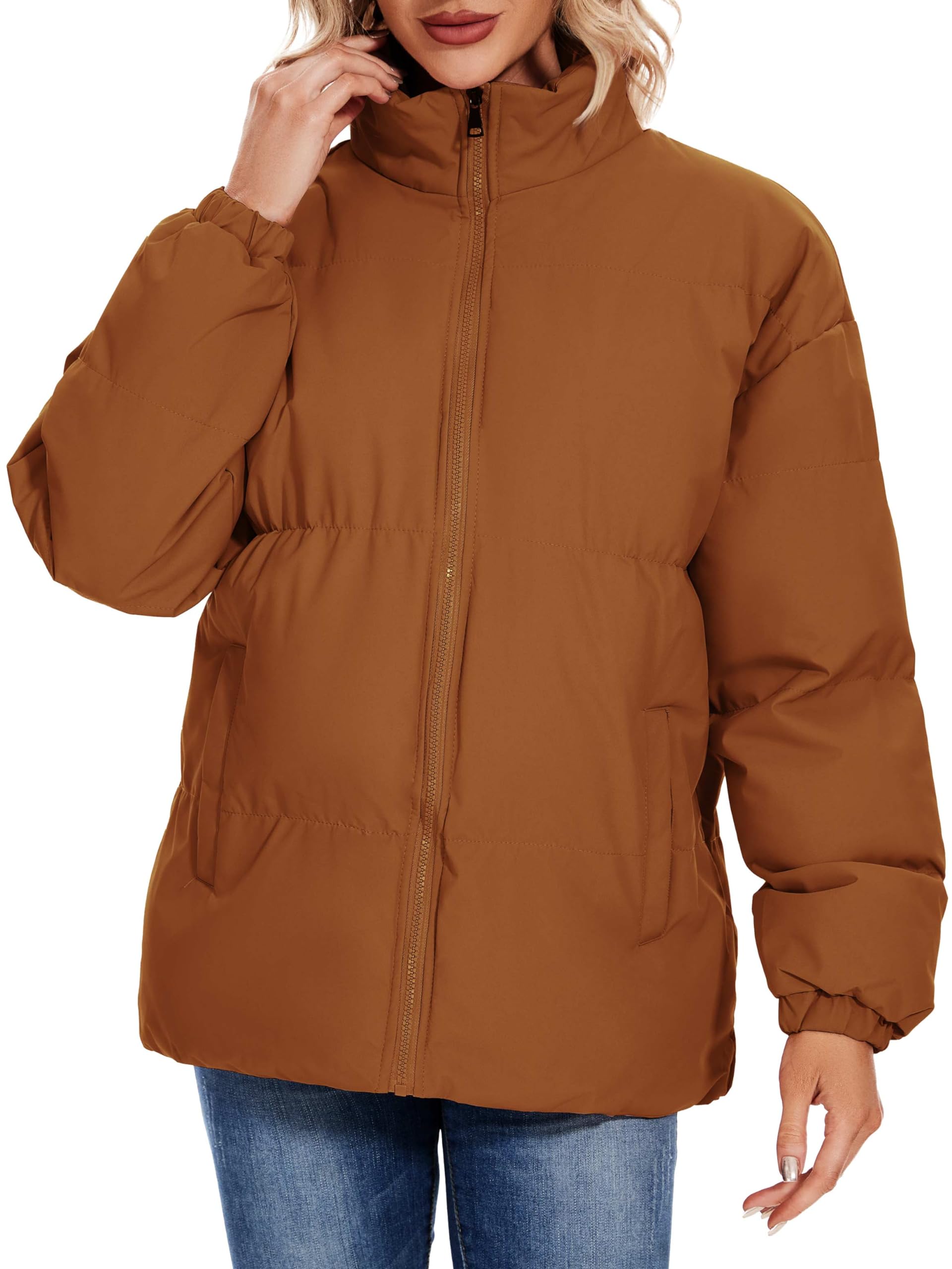 Women's Fashion Winter Long Sleeve Zip Puffer Jacket Pockets Baggy Short Down Coats-Coffee Color