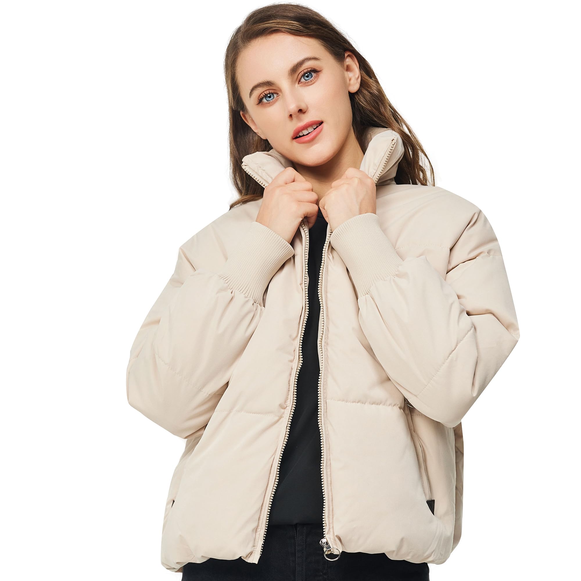 Women's Winter Pockets Baggy Short Down Jacket Cropped Puffer Long Sleeve Zip Coats