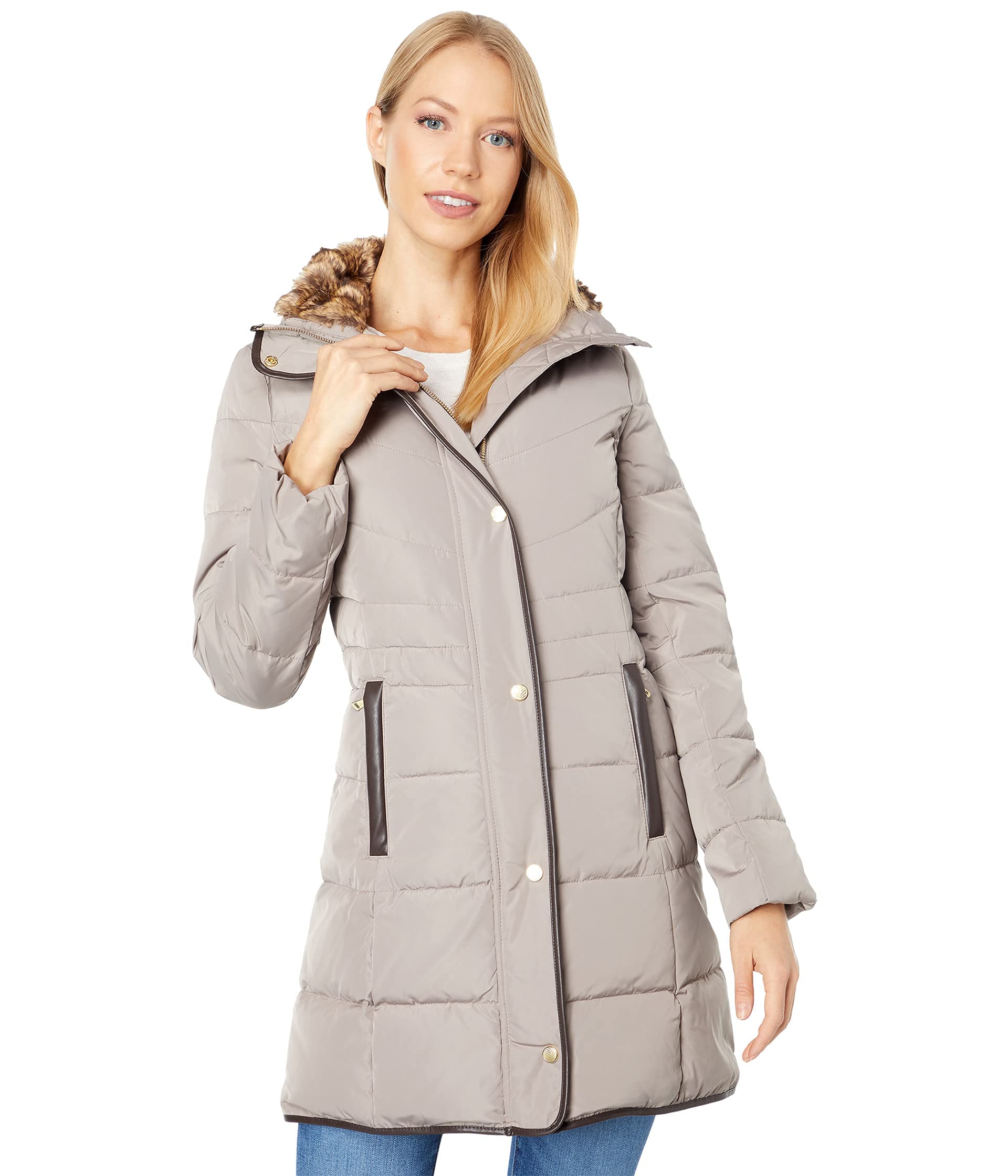 womens Taffeta Down Coat With Faux Fur Collar
