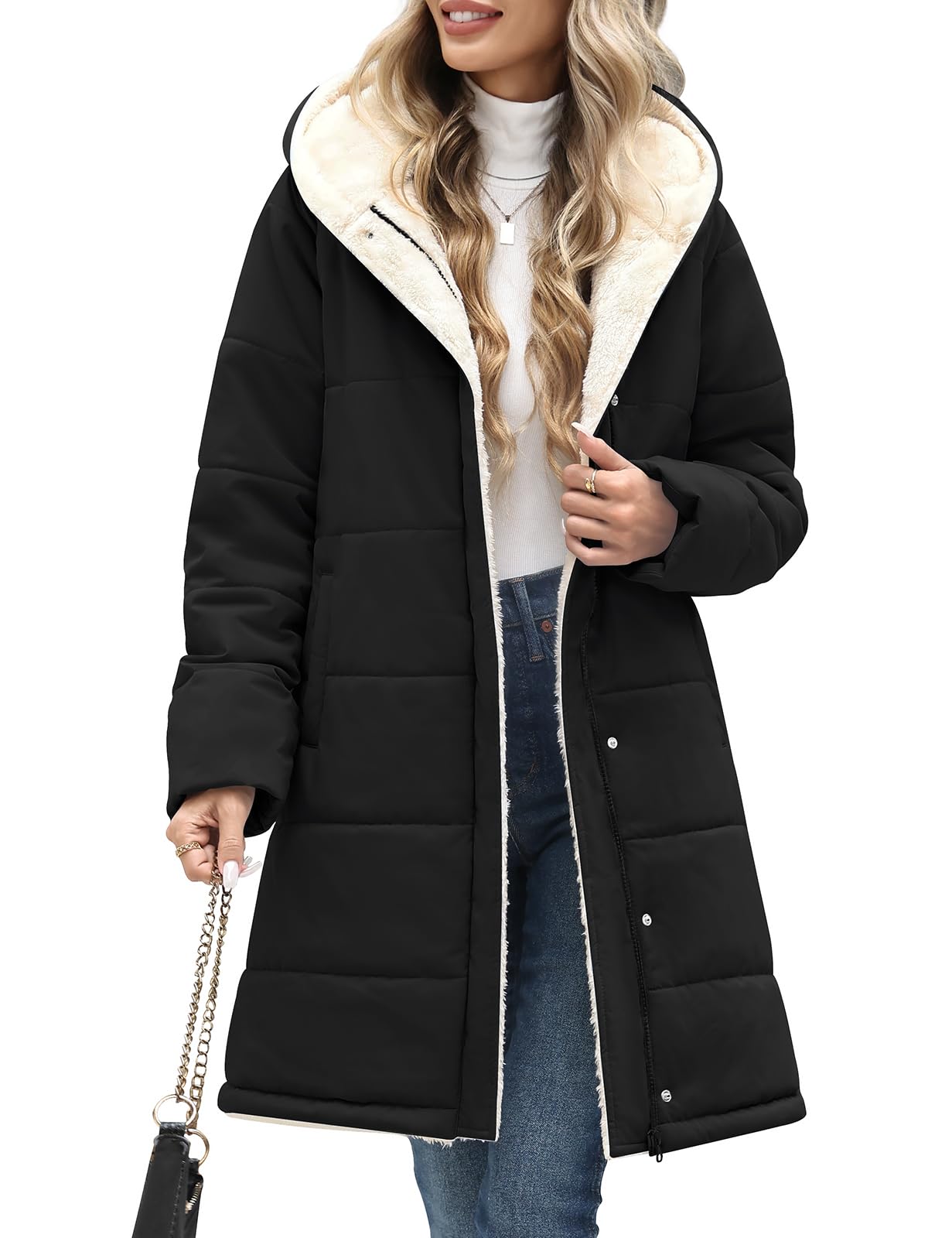 Women Winter Down Coat Fleece Long Warm Jacket Hooded Parka Puffer Coat Padded Fashion Outerwear